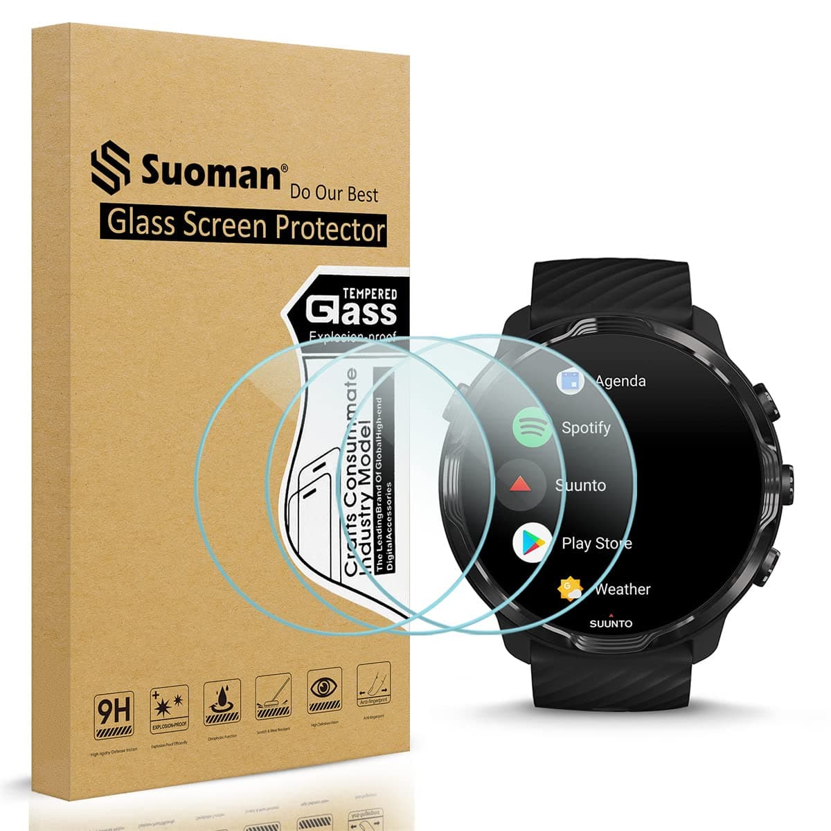 Suoman 3-Pack for SUUNTO 7 GPS Screen Protector Tempered Glass, for SUUNTO 7 Smartwatch Screen Protector [Anti-Scratch]