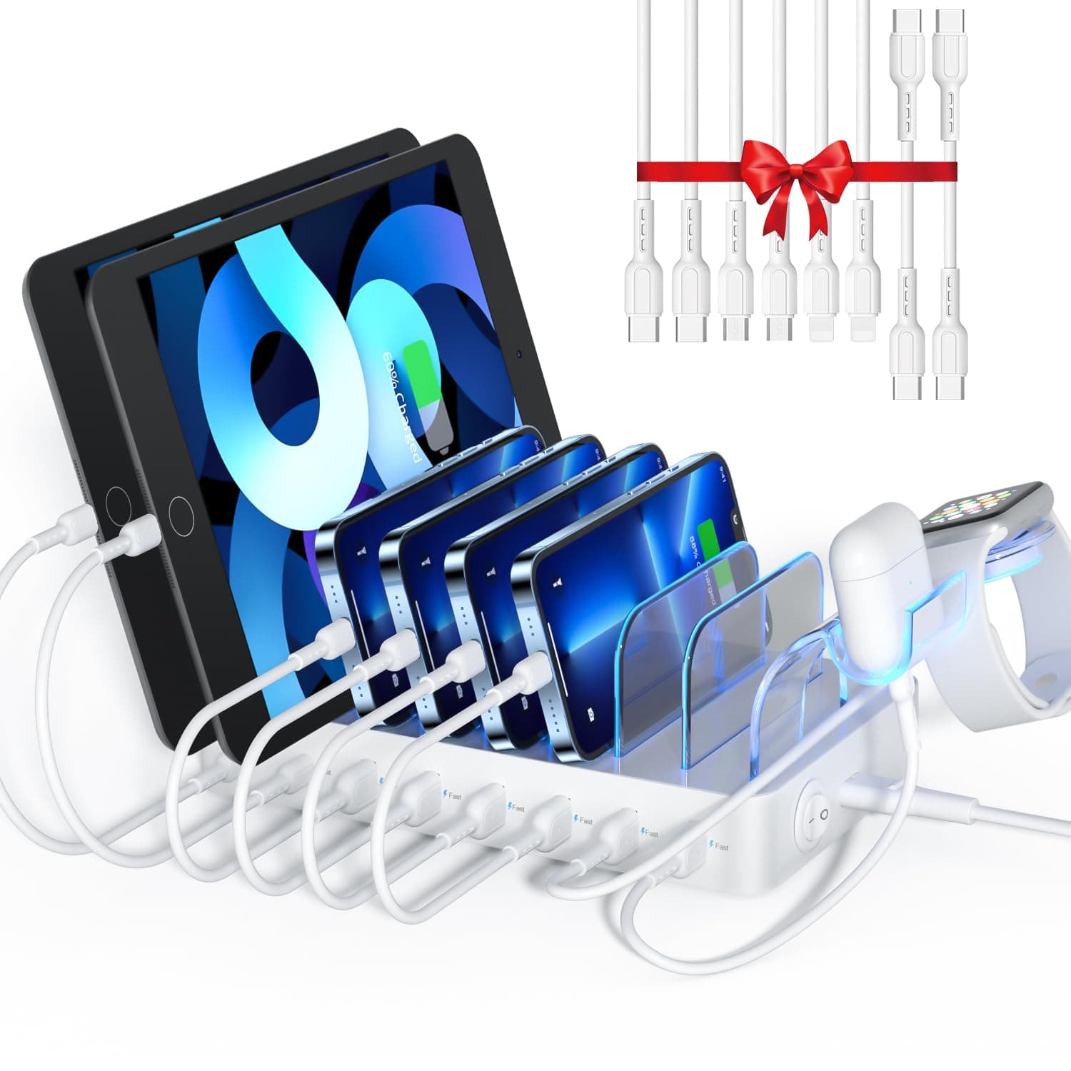 8-Port USB-C Charging Station for Multiple Devices, with 1 PD 20W Port Supports Fast Charging, 8pcs Mixed Charging Cables and 1pcs Upgraded Holder for lWatch Charger & Air-Pods, White