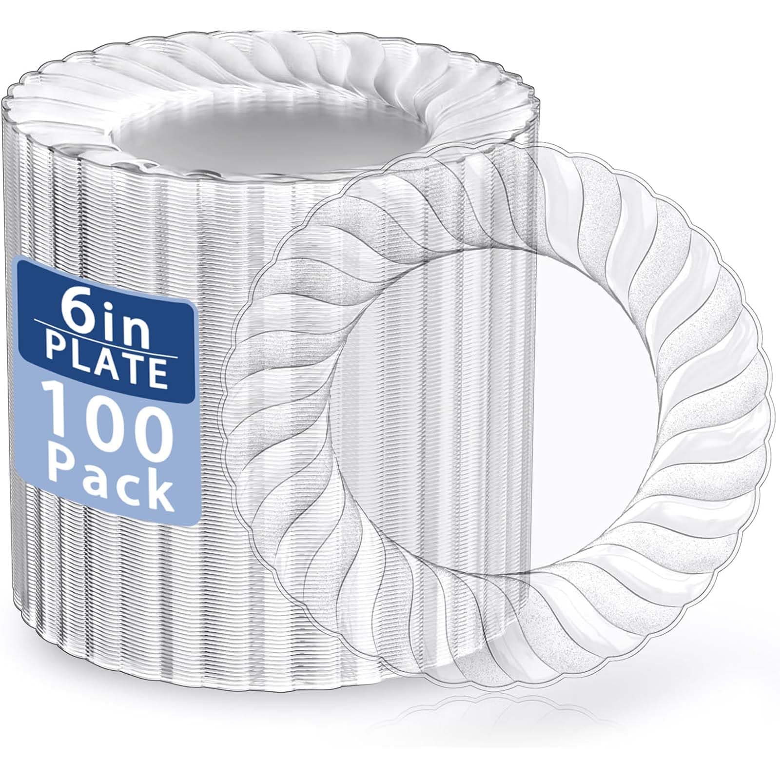 U-QE 100 Pieces Clear Plastic Plates-6 Inch Plastic Dessert Plates Disposable - Washable & Reusable - Premium Hard Clear Plates Fancy Disposable Heavy Duty Plastic Plates for Party,Weddings and Events