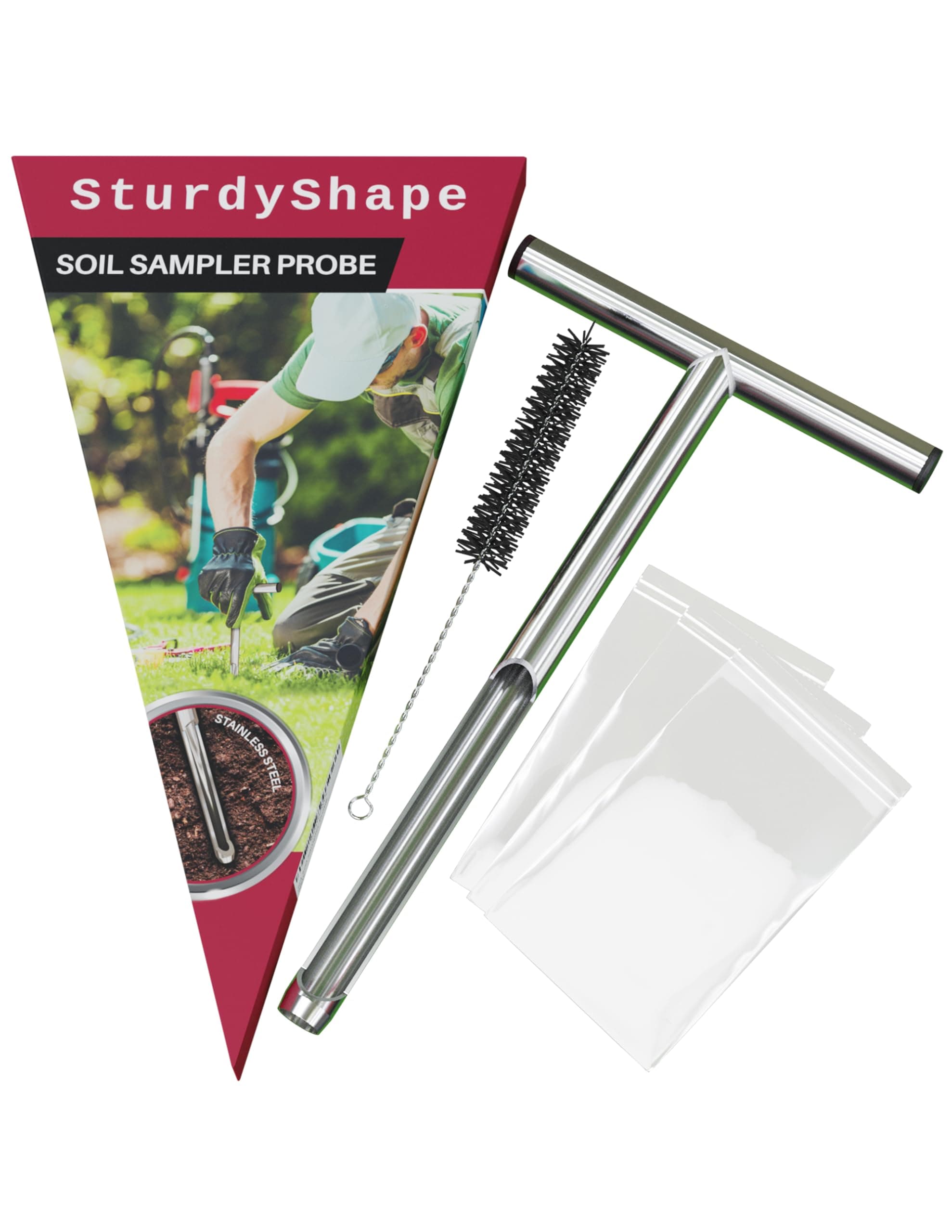 SturdyShape Soil Probe. The Soil Sample Probe is Polished Inside, 12in, Stainless Steel 304. Soil Probe with Handle Comes with 5Bags&1Brush&5Labels- Soil Srobes for Soil Sampling will Get Dirt Samples