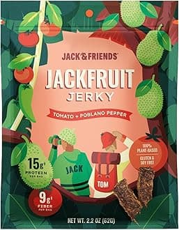 Jack & Friends Jackfruit Jerky - Tomatoes and Poblano Pepper - 15g Protein - 9g Fiber - 100% Plant Based Jerky - Gluten Free - Soy Free - Vegan - Low Sugar - All Natural Ingredients - 2.2 Oz (Pack of 1)