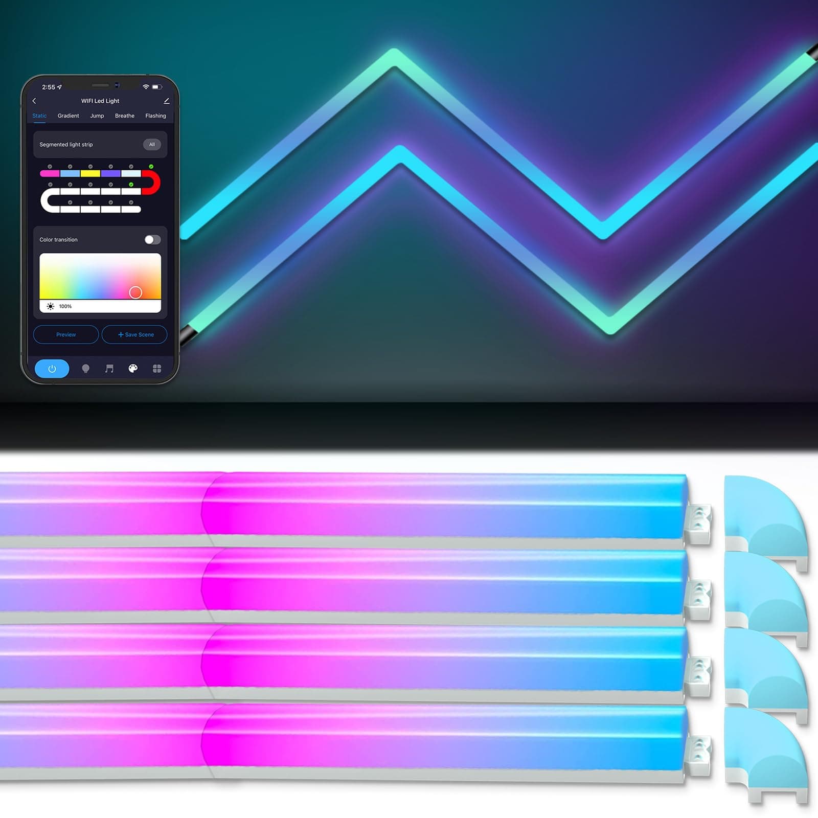 Smart LED Wall Lights 8Pcs, RGB-IC Glide Wall Lights with Music Sync and Dynamic Scenes, Compatible with Alexa and Google Assistant for Home Decor, Gaming