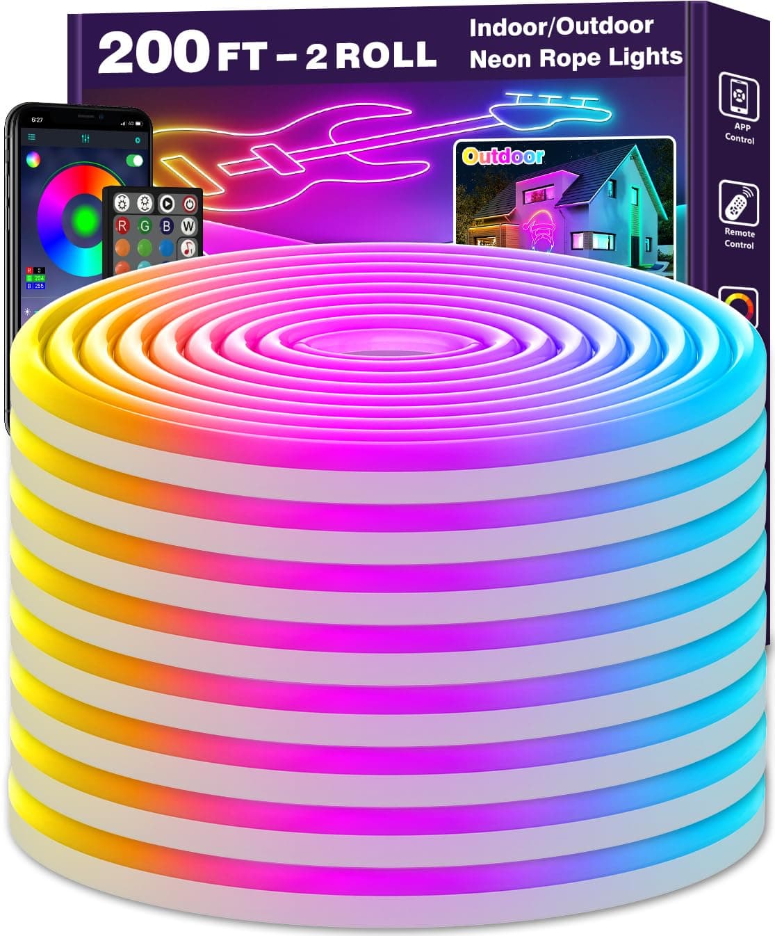 200 FT neon Rope Light, Bendable LED Rope Light, Multi-Mode Rope Light, IP65 Outdoor RGB LED neon Waterproof Light, Music Synchronized Game LED neon Light Strip for Bedroom Decoration