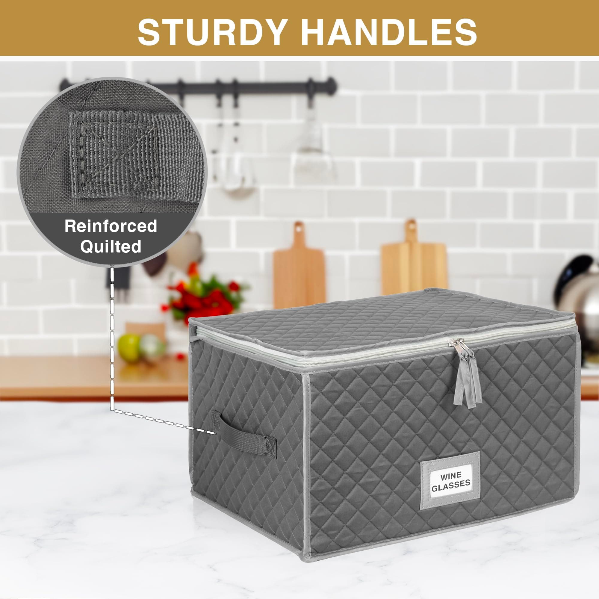 Stemware Storage Case - Quilted Fabric Container in Gray Measuring 16" x 13" x 10"H - Inside compartment is 4" x 4" - Perfect Storage Case for White and Red Wine Beer Mugs