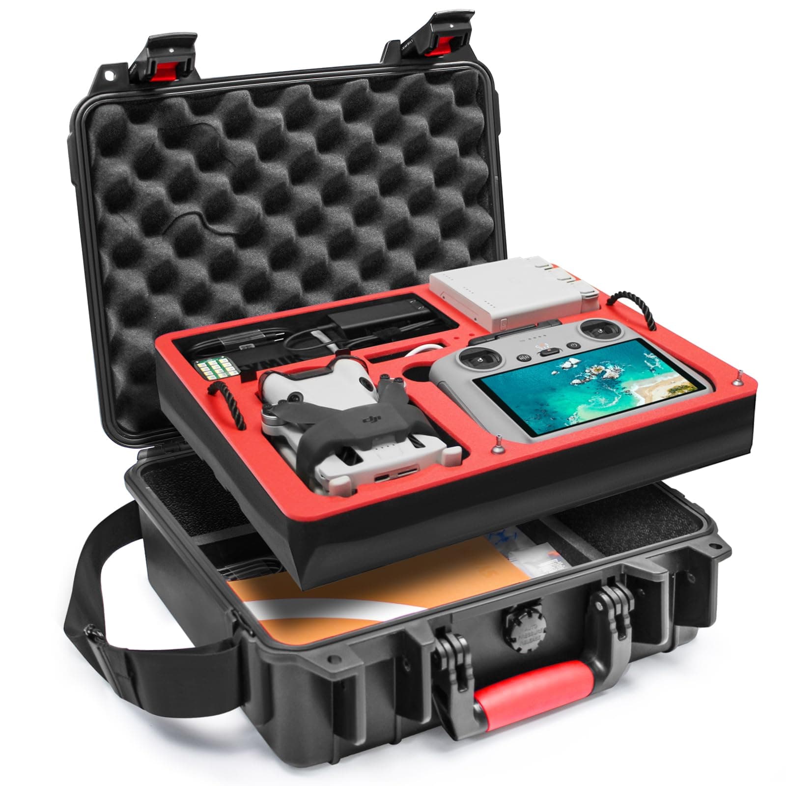 SYMIK P330-MMDL Dual Layer Mini 4 Pro Case, Waterproof Hard Carrying Case for DJI Mini 3/4 Pro Fly More Combo, Fits RC 2/RC, RC-N2/N1, Charger Hub, Tablet Holder, Landing Pad, iPad