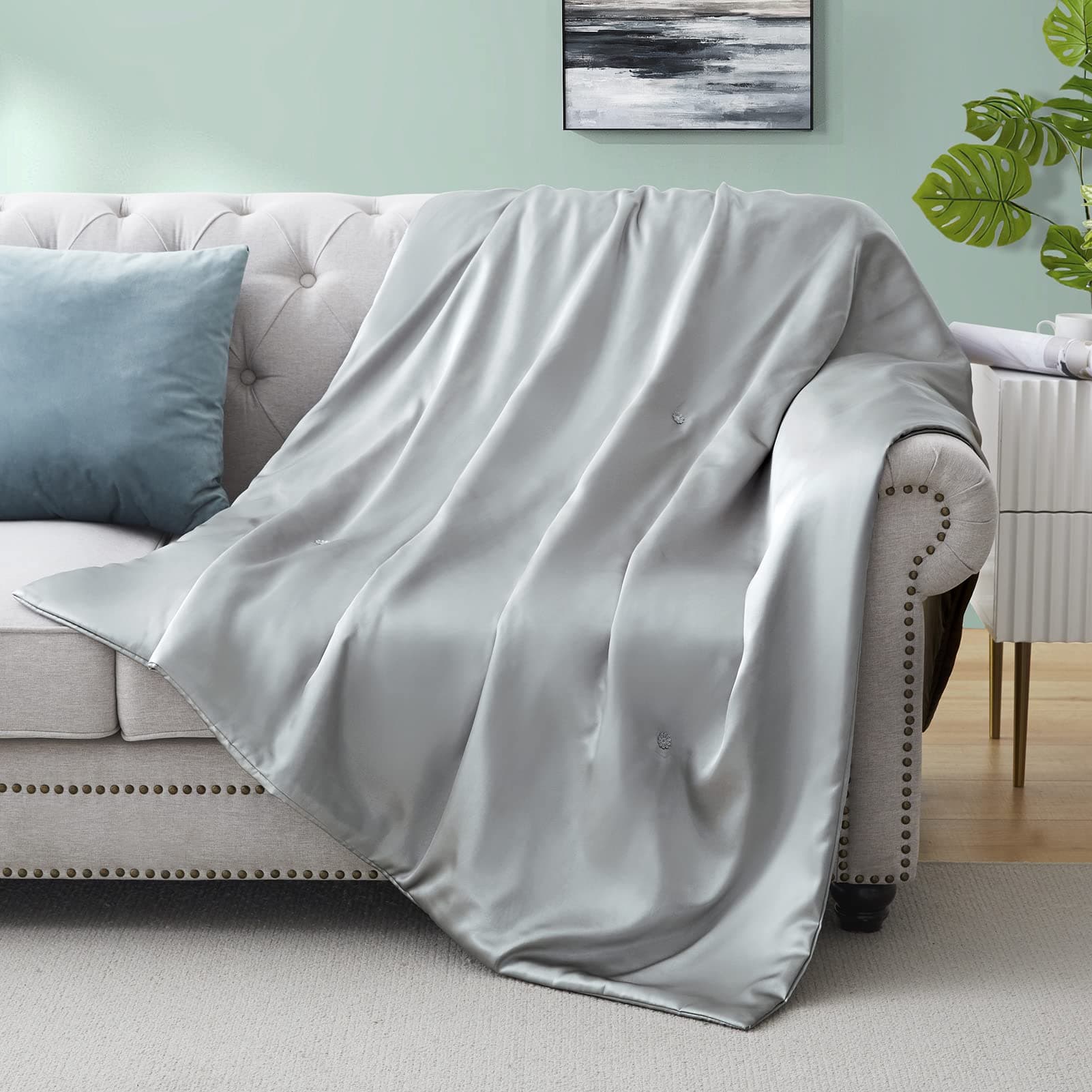 Silk Throw Blanket - Silver Grey Cooling Packable Satin Blanket for Couch, Bed, Camping, Outdoor, Travel, Car - Super Soft Lightweight Cozy Blanket(50'' x 60'', Silver Gray)