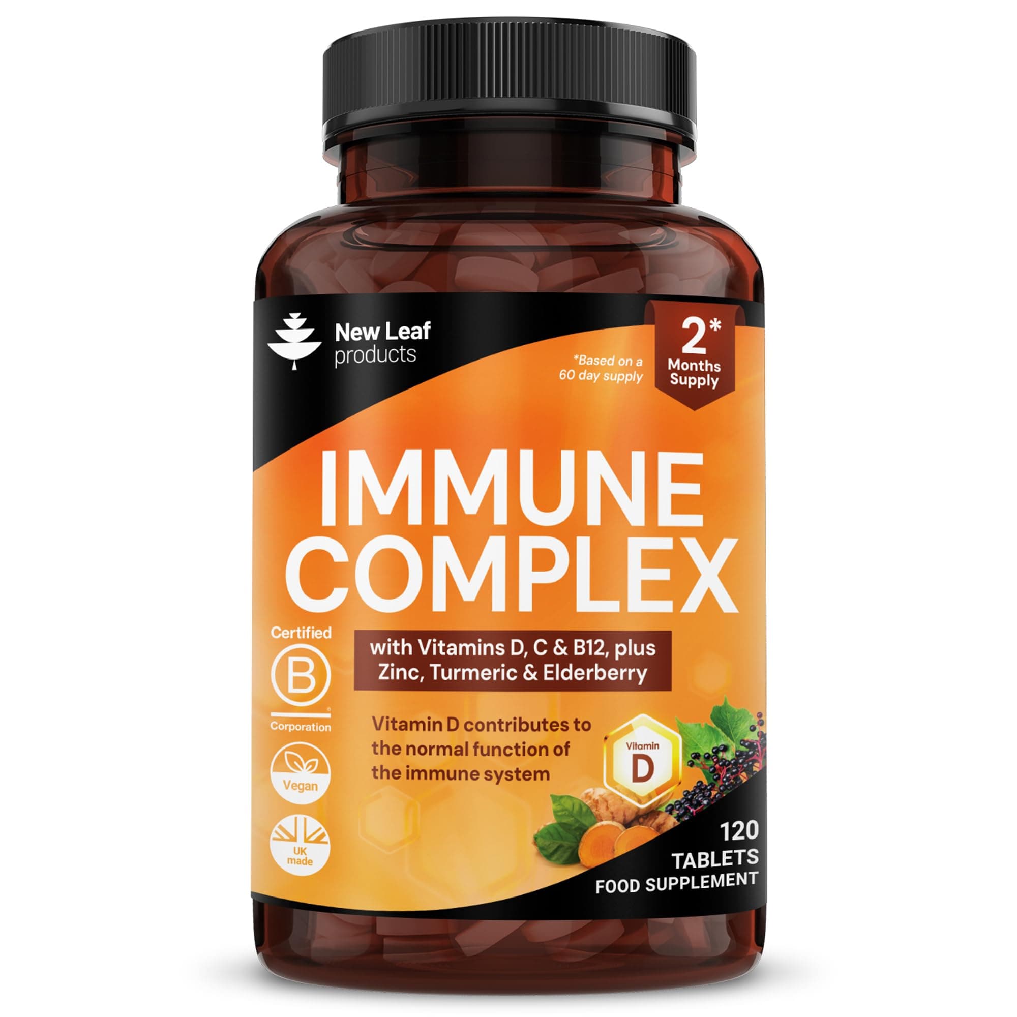 – Vitamin D3 Immune Booster Complex - with Vitamins D,C, B12, Zinc, Turmeric & Elderberry - Immune Support - Made in the UK - Immunity Booster by New Leaf 120 Tablets