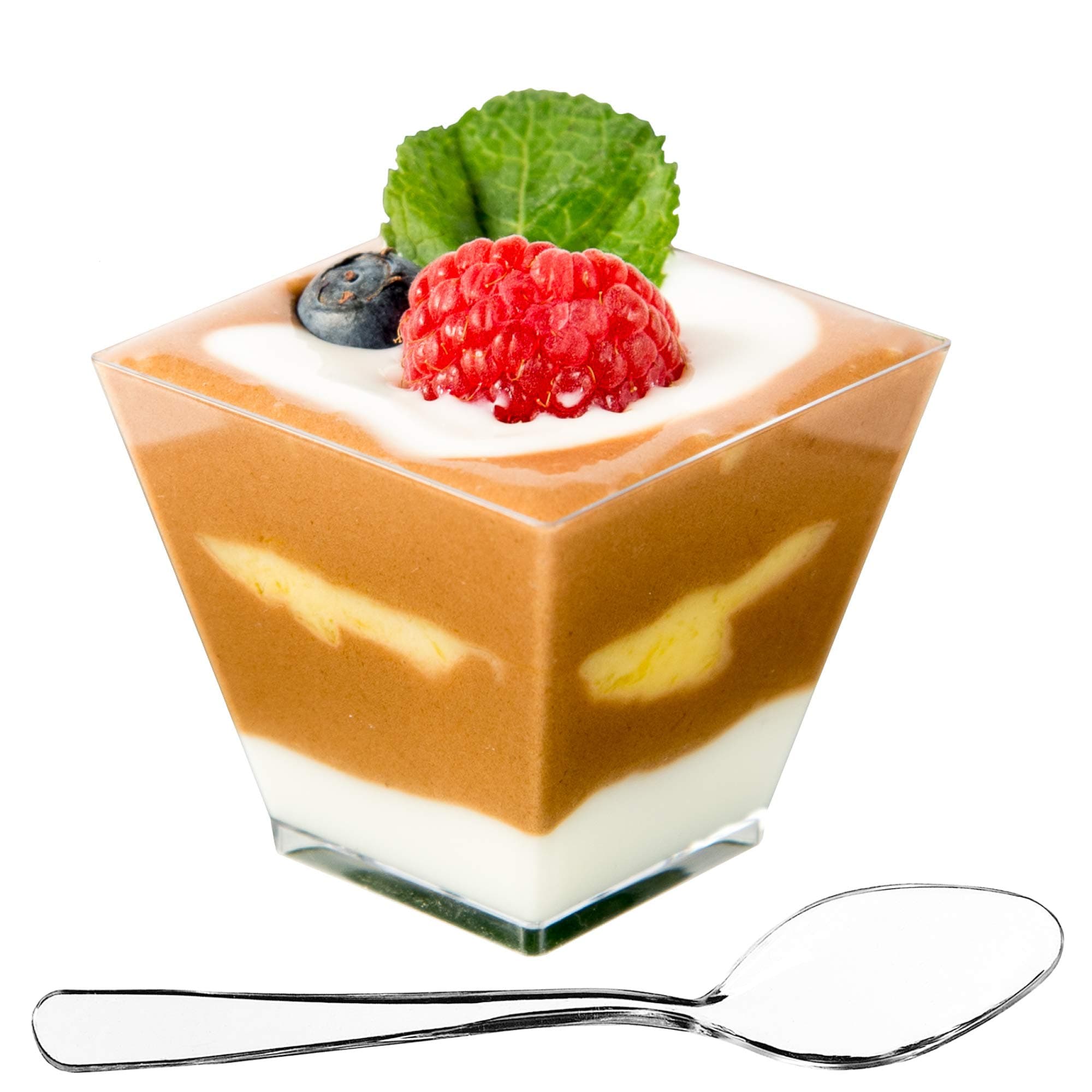 100 x 2 oz Mini Dessert Cups with Spoons, Square Short - Clear Plastic Parfait Appetizer Cup - Small Reusable Serving Bowl for Tasting Party Desserts Appetizers - With Recipe Ebook