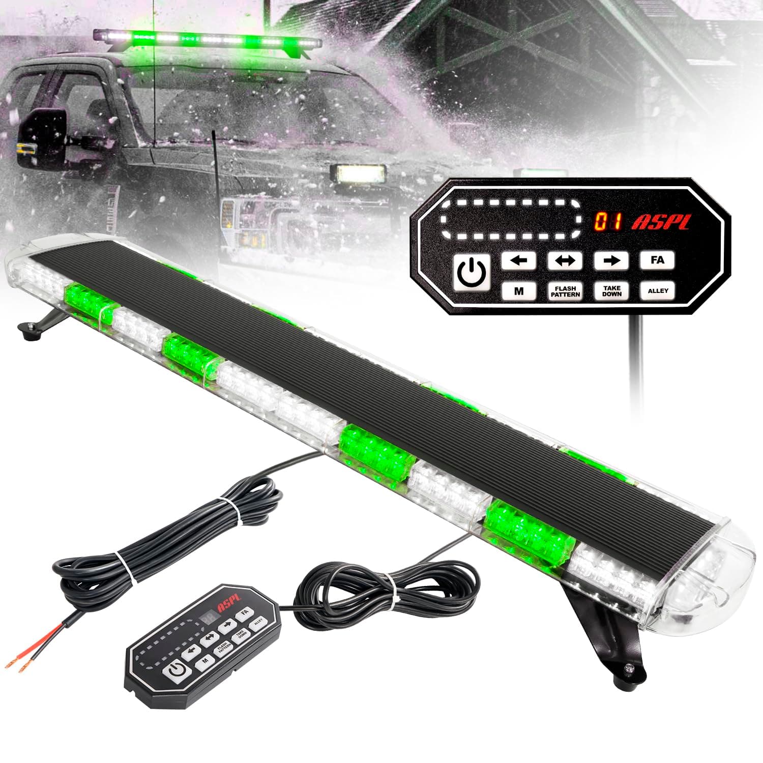 ASPL 47" Low Profile Roof Top Strobe Lights Bar with Controller High Intensity 88 LED Emergency Warning Flashing Traffic Advisor Snow Plow Light for Trucks Vehicles Tow Pickup (Green/White)