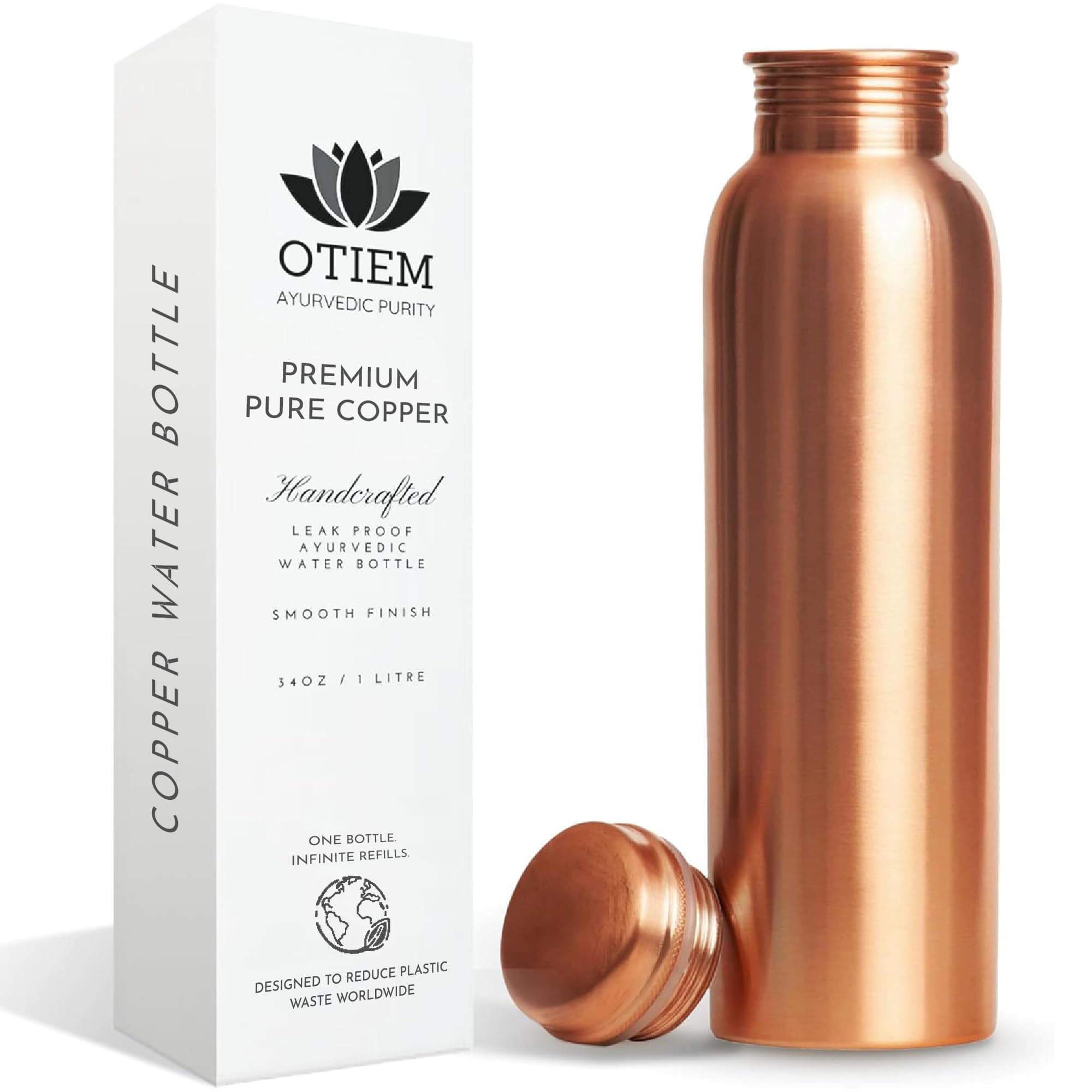Otiem 100% Copper Water Bottle for Drinking Water, 34 Oz Smooth Finish – Stay Hydrated and Enjoy Ayurvedic Benefits – Leak-Proof, Temperature Retention, Eco-Friendly Design – Durable Copper Bottle