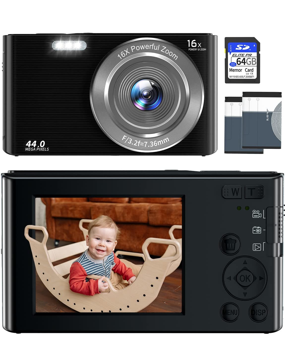 VJIANGER 4K Digital Camera 44MP Point and Shoot Camera with 16X Digital Zoom 2.4 Inch Kids Camera with 32GB SD Card Vlogging Camera for Teens Students Boys Girls Seniors(DC6-X3 Black2)