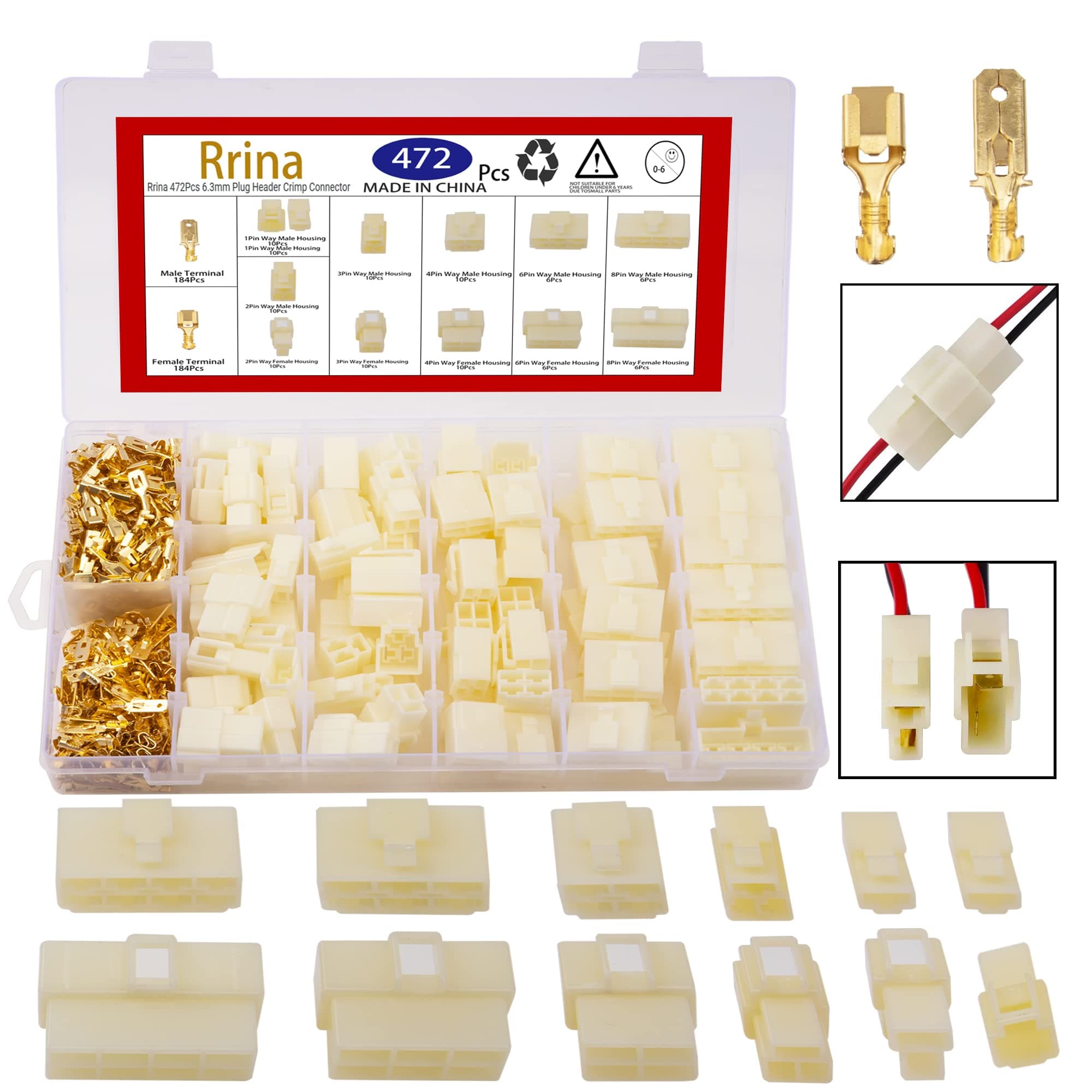 472Pcs 6.3mm 1 2 3 4 6 8 Pin Electrical Wire Housing Terminal Male Female Plug Socket Header Crimp Connector Assortment Kit for Motorcycle Car Boats
