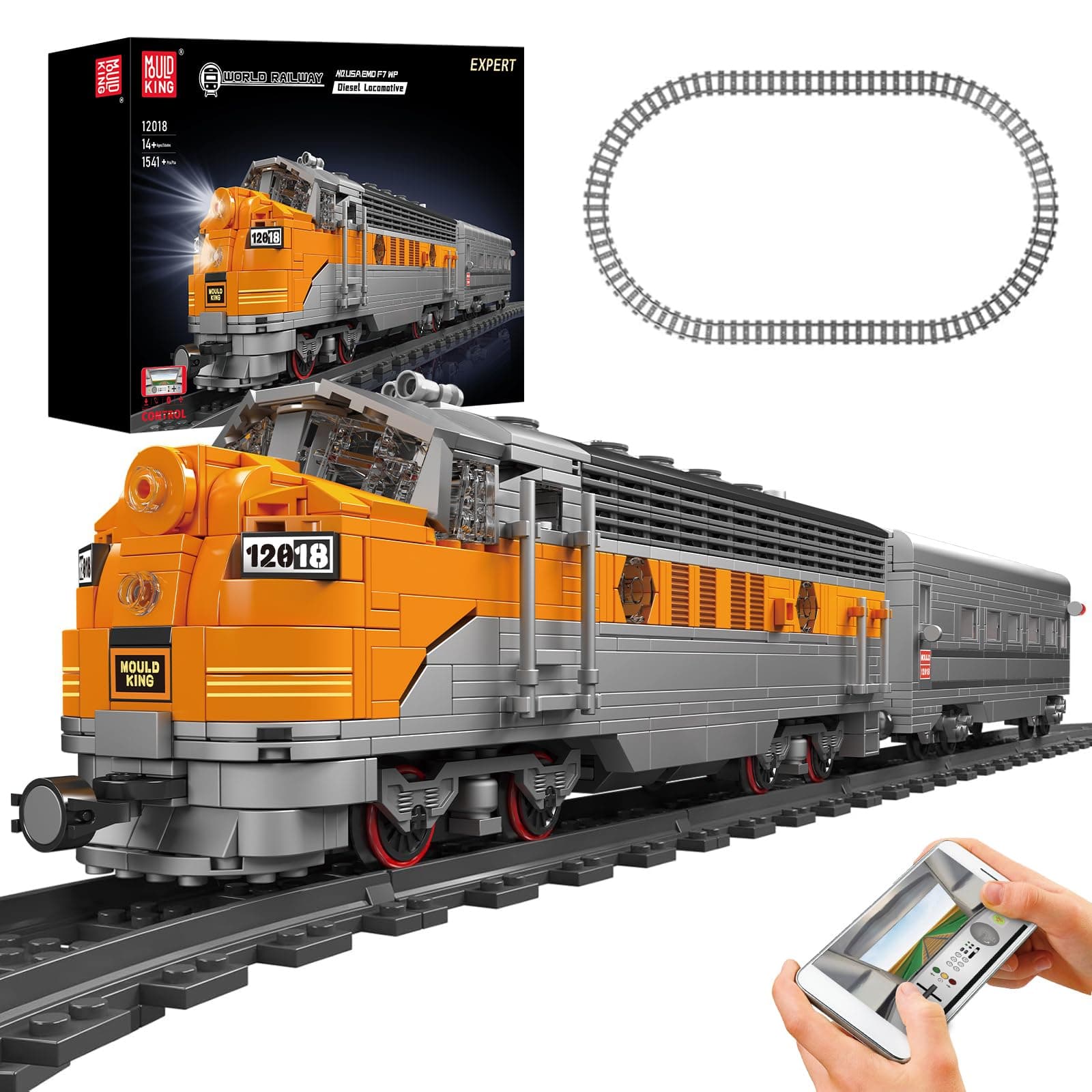 Mould King 12018 Train Building Blocks Sets, Remote/App Control EMD F7 Internal Combustion Locomotive Kits, Scale Model with Tracks for Adults Teen(1541 PCS)