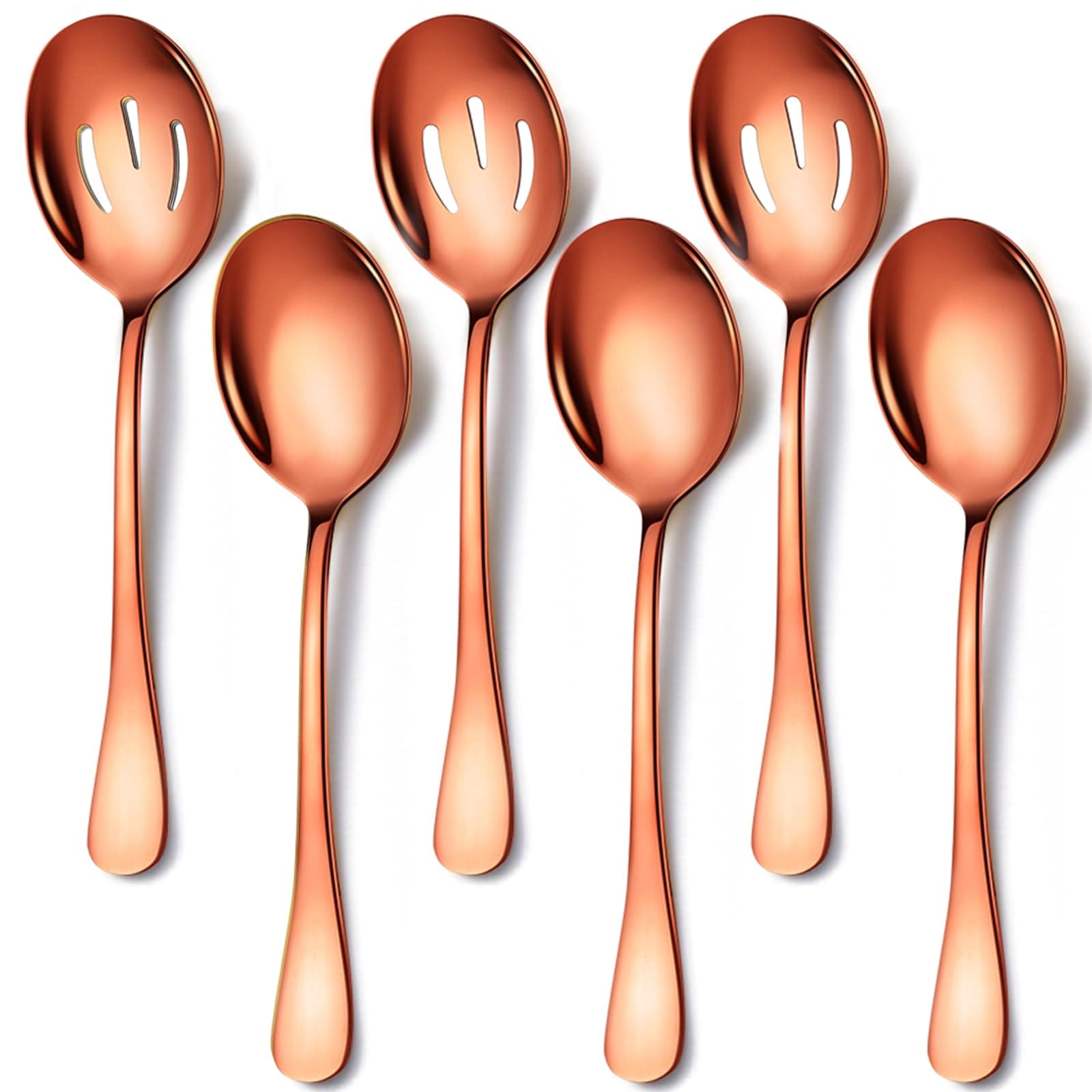 6 Pieces Stainless Steel Serving Spoons Set Includes 3 Spoon, 3 Slotted, for Parties/Buffet/Catering, Dishwasher Safe, 8.5-Inch, Rose Gold