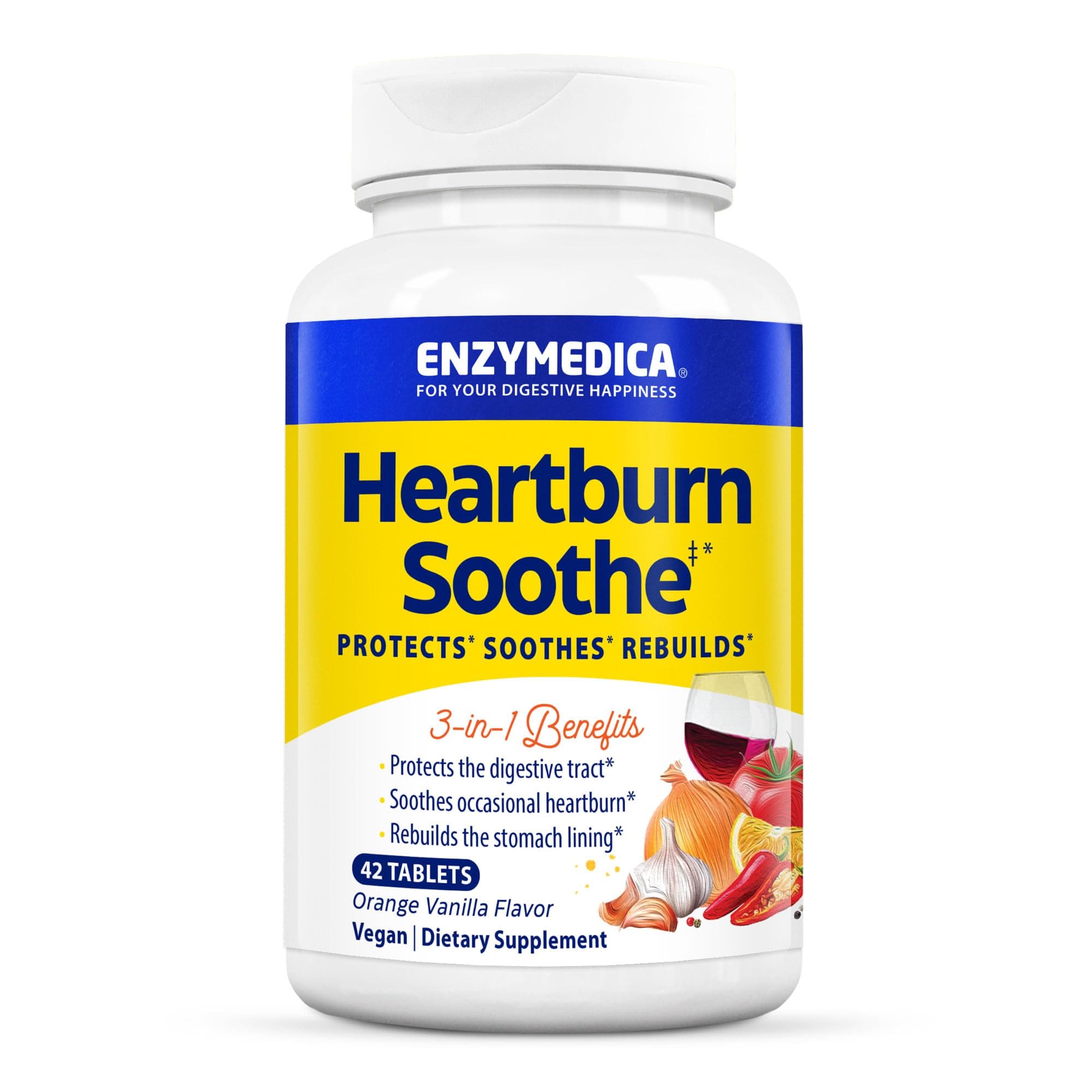 Heartburn Soothe (42 Chewable Tablets) | Vanilla/Orange Flavour | Digestive Support Enzyme Supplements | Digestive Enzymes Blend for Heartburn, Nutrient Supplements, Gut Health Supplement