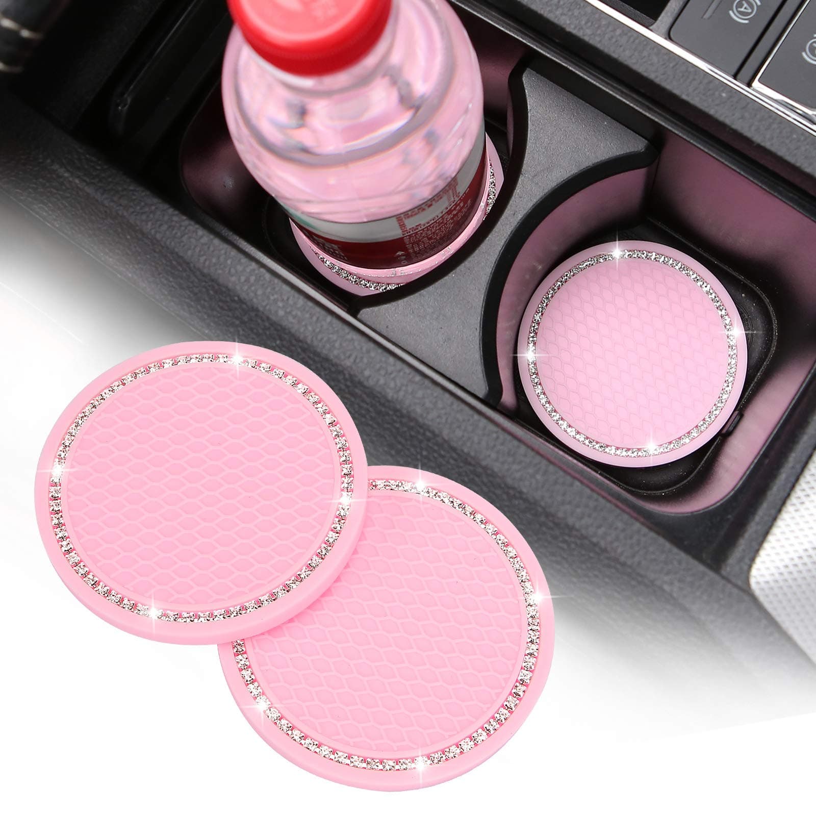 2 Pack Bling Cup Holder Insert Coasters, 2.75 Inch Soft Crystal Rhinestone Rubber Pad Set Round Auto Drink Coaster Car Interior Accessories (Pink)