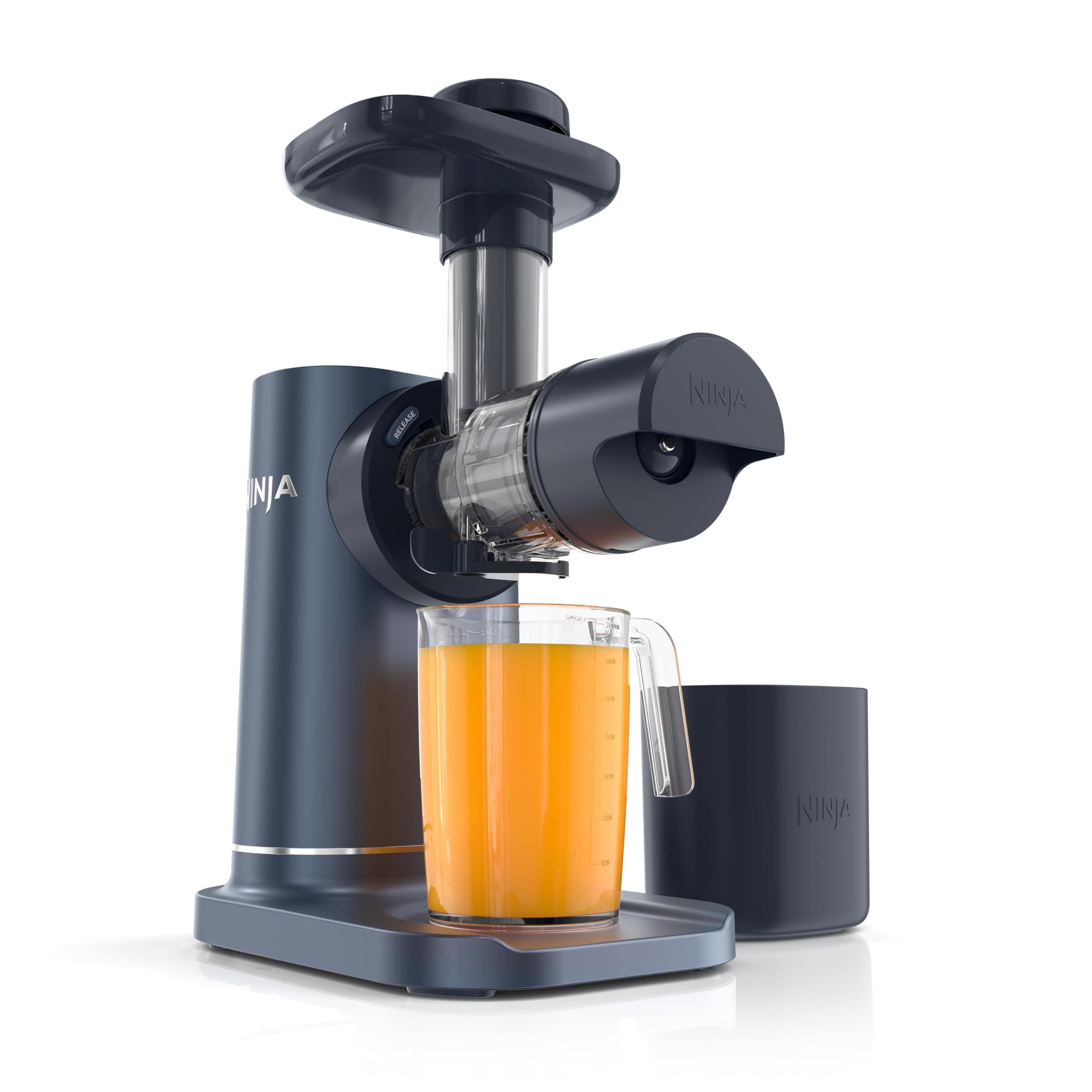 NeverClog Cold Press Juicer | Powerful Electric Slow Masticating Juicer with Pulp Control | XL Capacity | 24 oz. Juice Jug & 36 oz. Pulp Container | Dishwasher Safe | Navy | 150W | JC151NV