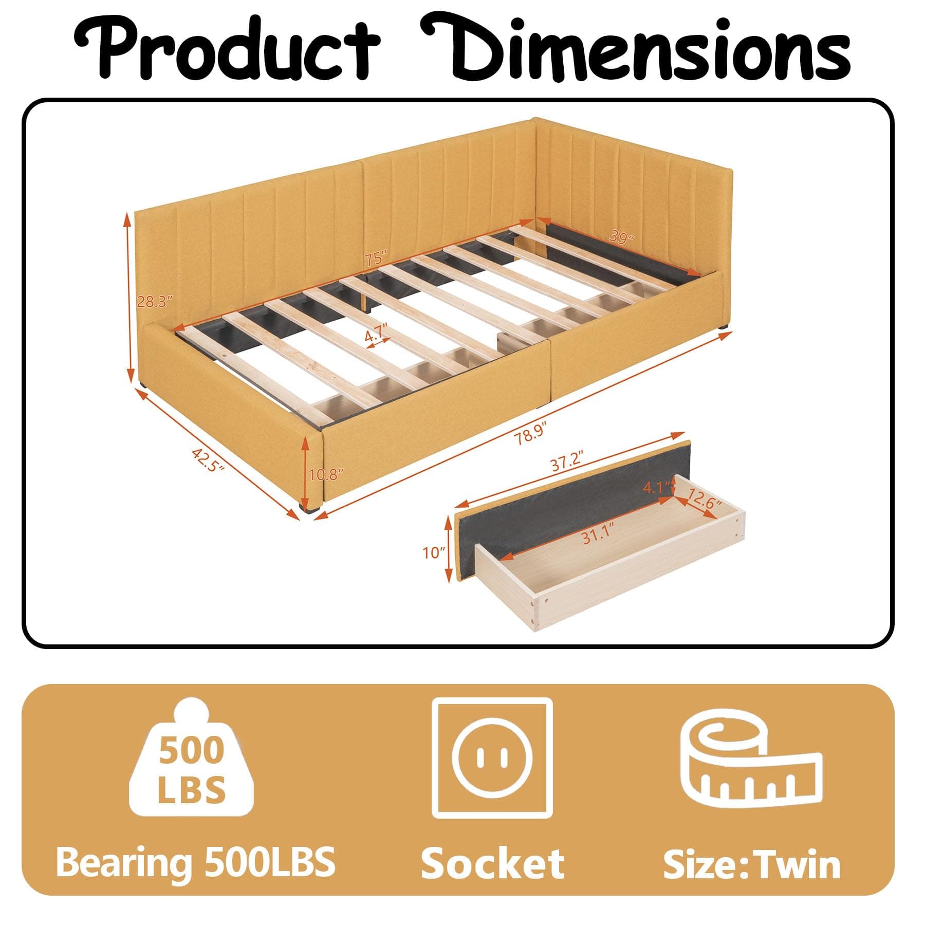 Twin Corner Daybed with 2 Storage Drawers,L Shaped Day Bed with Upholstered Armrest,Modern Sofa Bed Frame,Linen Fabric,No Box Spring Needed (Yellow)