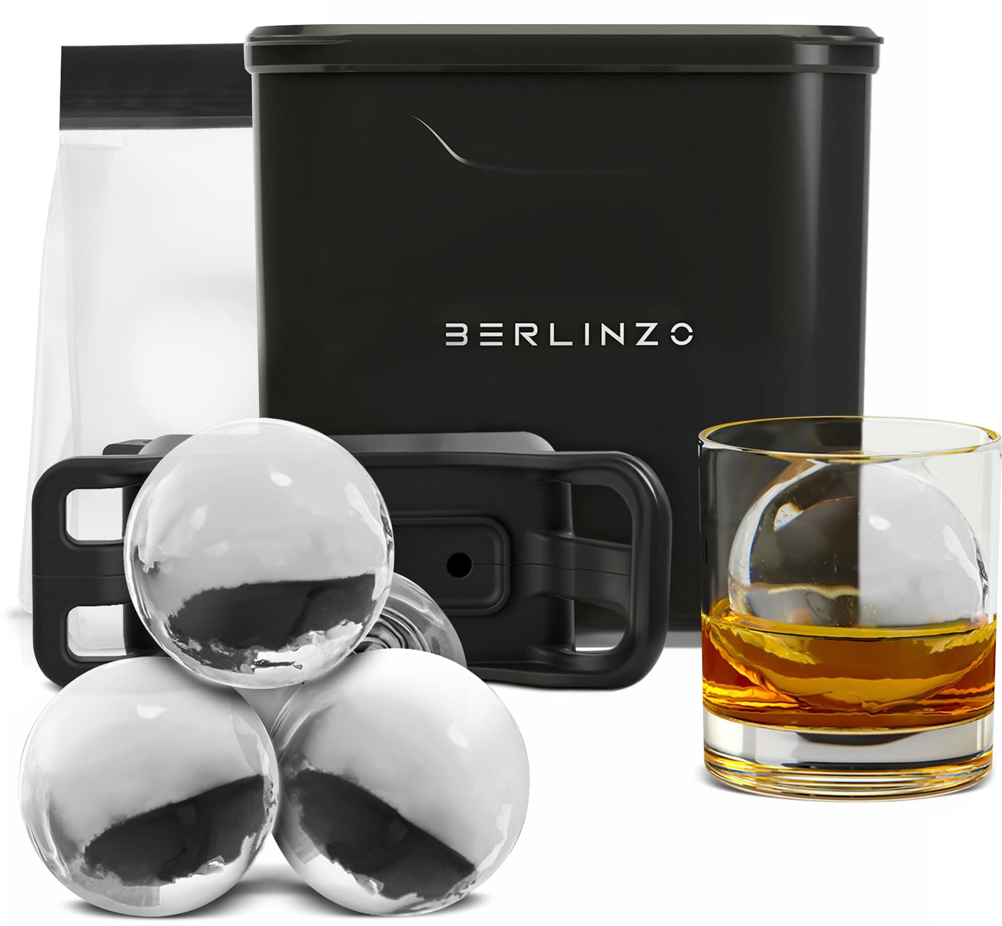 Berlinzo Premium Clear Ice Ball Maker Mold - 2 Large 2.4" Crystal Clear Ice Balls for Whiskey, Cocktails & Bourbon, Easy-to-Remove Ice Sphere Mold - Storage Bag Included (Non-Electric)