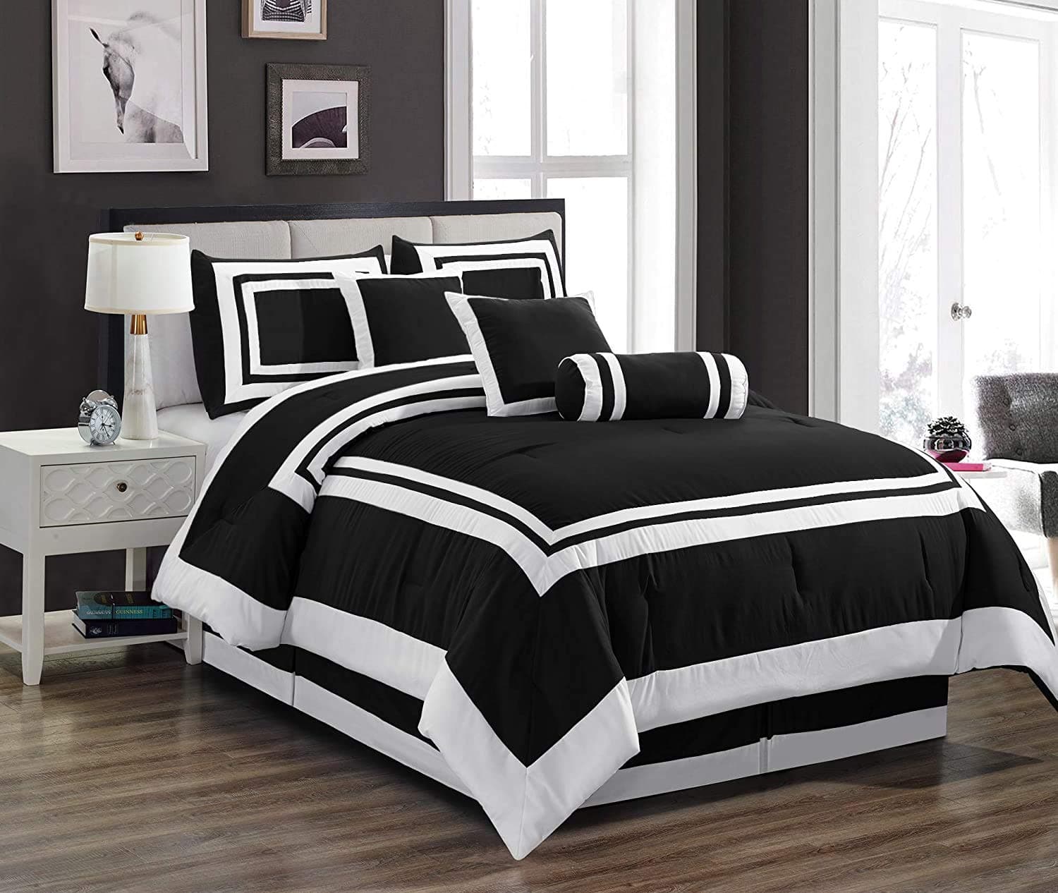 Chezmoi Collection7-Piece Caprice Black/White Square Pattern Hotel Bedding Comforter Set, California King