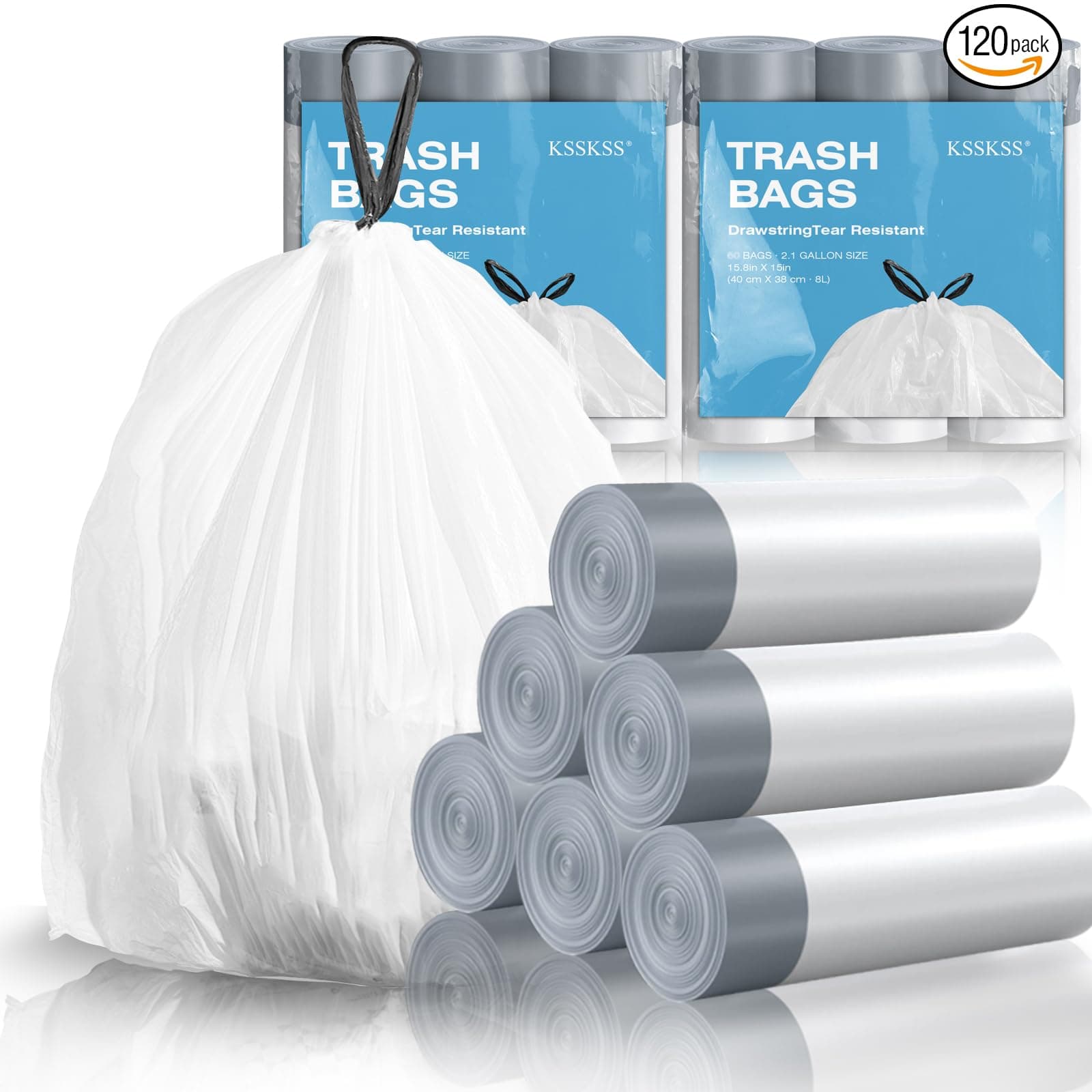 - 120 Counts 1.6 Gallon Mini Drawstring Trash Bags, Small Garbage Bags by KSSKSS, Code a fit 4.5-8 Liter, 1.2-2 Gal, White Trash Bin Liners for Home Office Kitchen Bathroom Bedroom