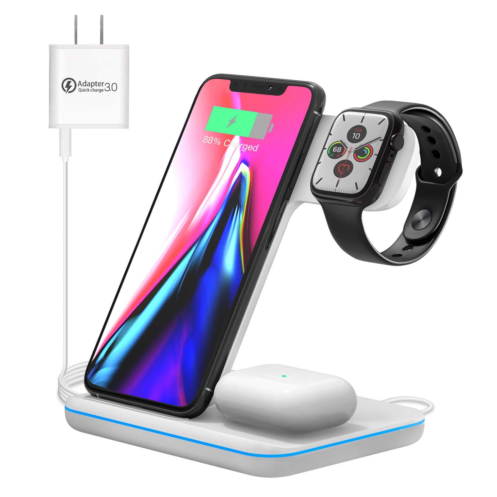 Quezqa Wireless Charging Stand – 3 in 1 Fast Wireless Charger – Qi Charging Station Dock Compatible with AirPods Pro Apple Watch SE 6 5 4 3 2 iPhone 13 Pro Max 12 11 Pro Max Xs Xr with QC3.0 Adapter