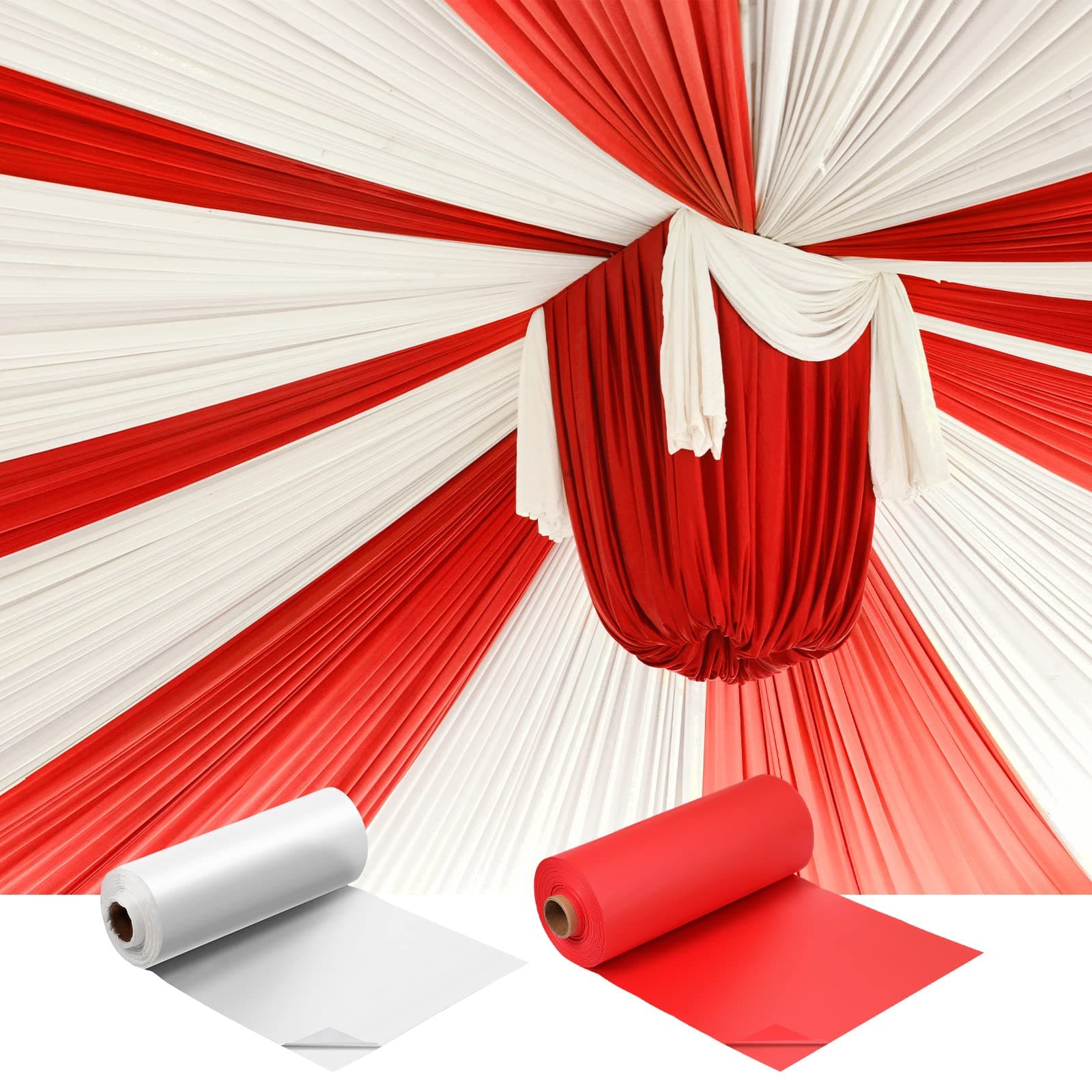 Moukeren 40'' x 100' Circus Tablecloth Roll Plastic Tablecloth Disposable DIY Carnival Tent Party Supplies for Big Top Tent Backdrop Curtains Ceiling Wall Drapes(White, Red,2 Roll)