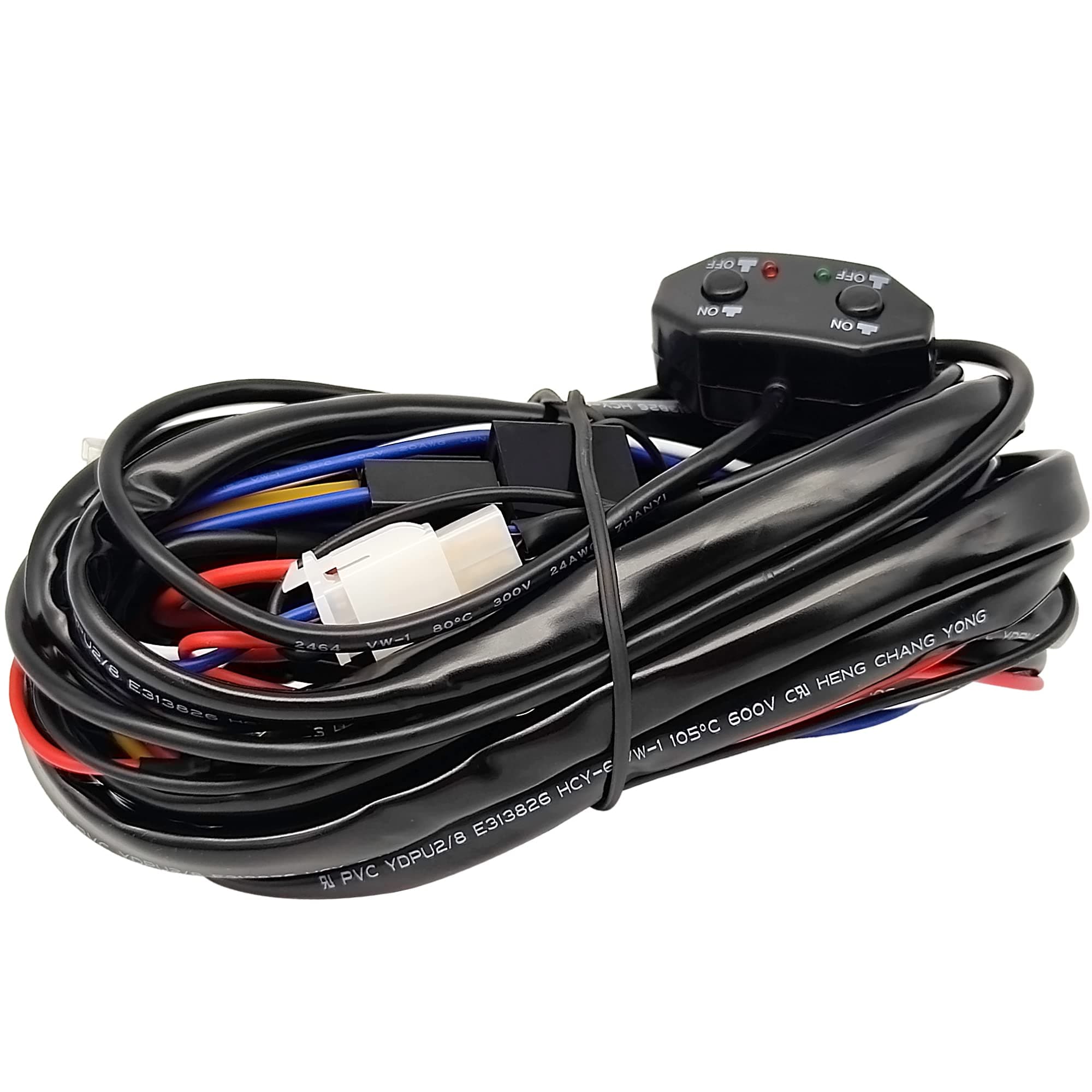 - Double Color/High Low Beam Wiring Harness Kit DC12V Maximum 300W 40A LED Lights Wiring Harness Switch Relay 14AWG Core Cable Harness for Car Fog Lights Work Driving Lights Bar
