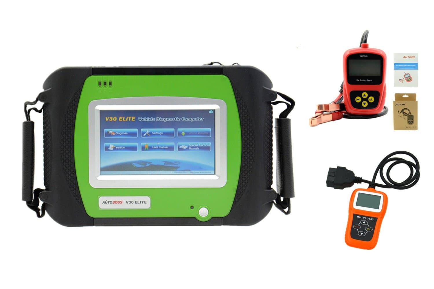 Spx Autoboss V30 Elite Super Scanner Auto Diagnostic Tools with Built-in Mini Printer + Vag505 mini + Autool Battery Tester BT100