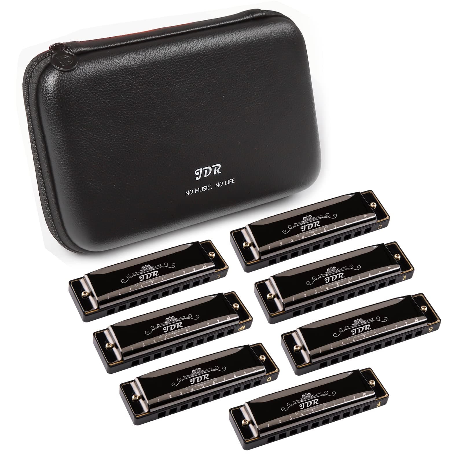 JDR Harmonica Set of 7 Key of C D E F G A Bb 10 Holes 20 Tones Blues Harp Diatonic Mouth Organ armonica with EVA Protective Case for Adults Kids Beginner Professional Intermediate Student Gift Black
