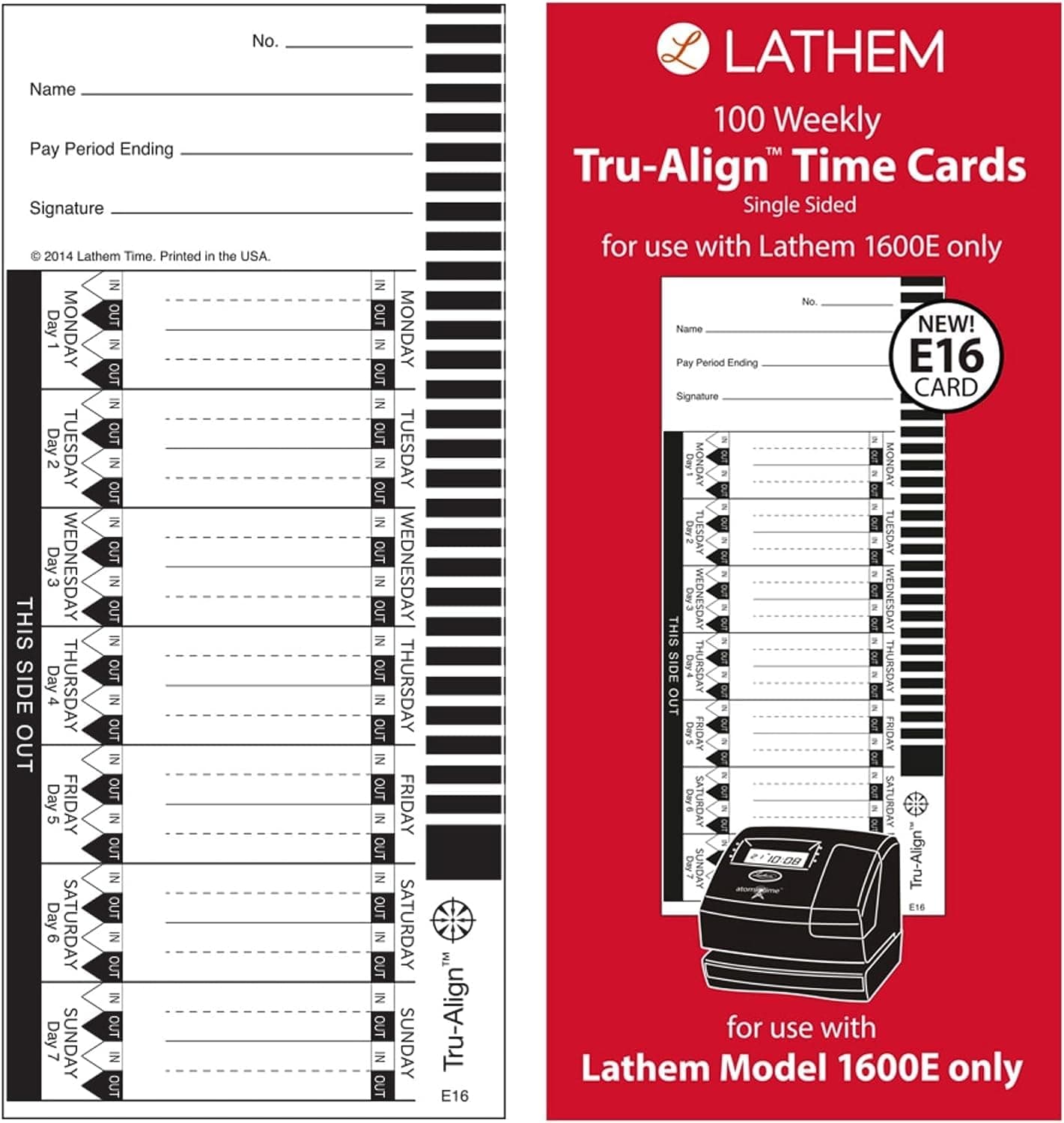 Lathem Weekly Tru-Align Time Cards, Single Sided for Use with Lathem 1600E Time Clock, 100 Pack (E16-100)