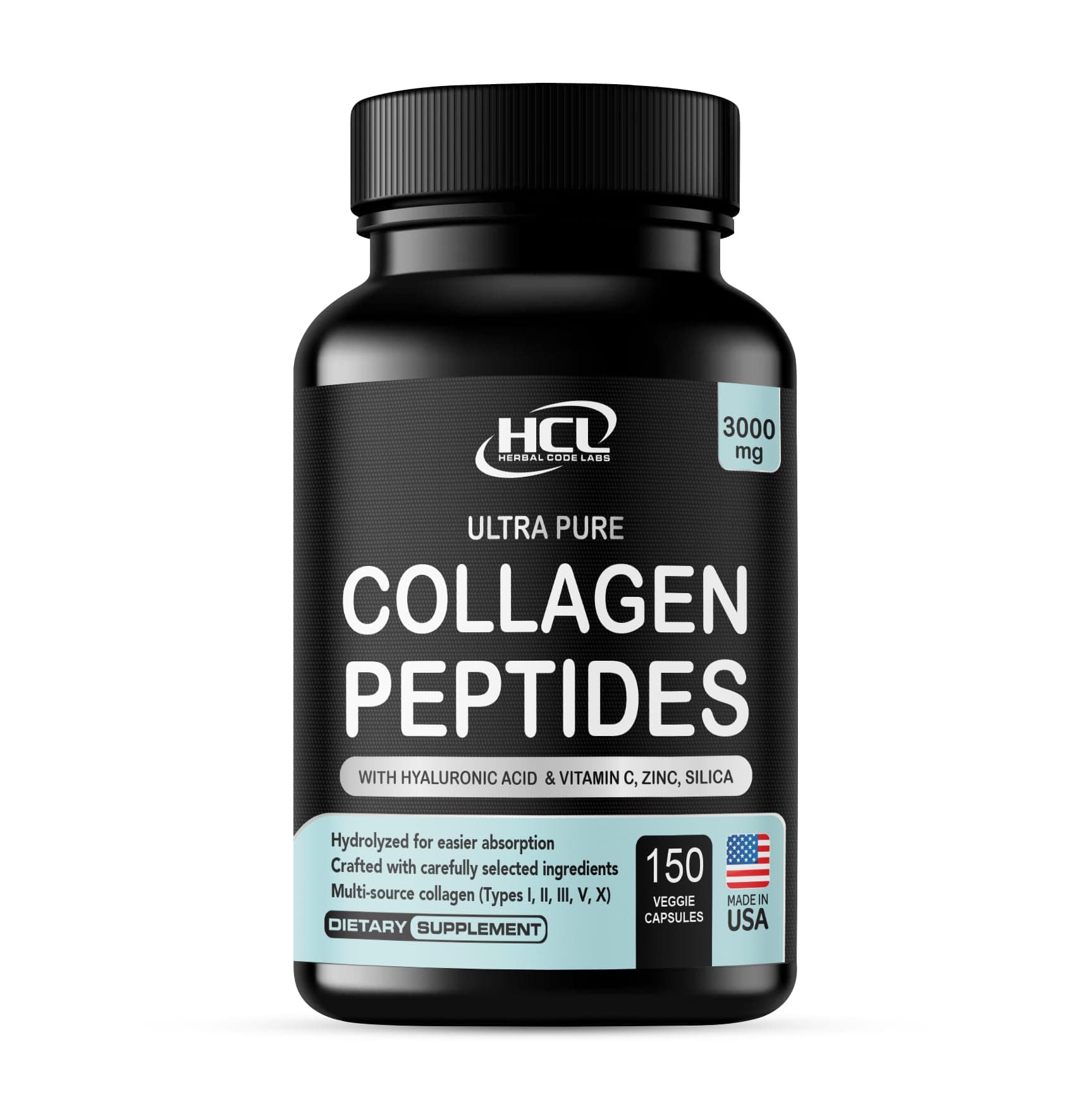 HCL HERBAL CODE LABS Collagen Peptides Powder with Vitamin C & Hyaluronic Acid - Cleanest Sources & Super High Absorption - Hydrolyzed Multi Type I, II, III, V, X - Skin Hair Supplement (Capsules)