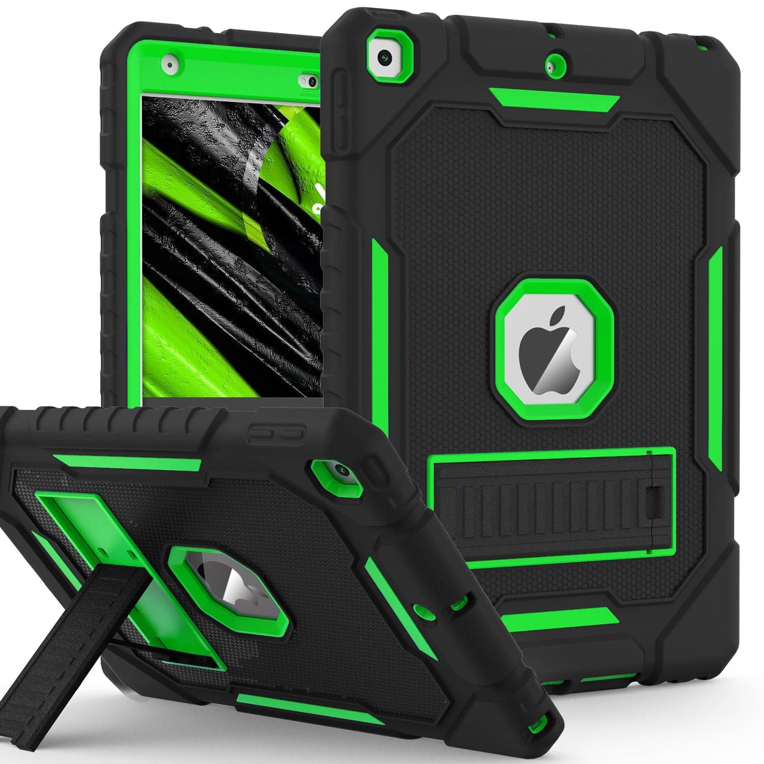 Case for iPad 9th/8th/7th Generation 2021/2020/2019(10.2 inch), Heavy Duty Military Grade Shockproof Rugged Protective 10.2" Cover with Built-in Stand for iPad 9 8 7 Gen (Black+Green)