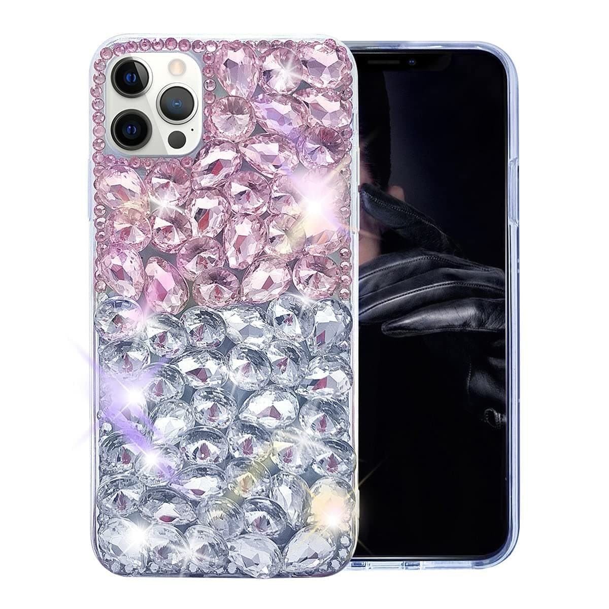 BonitecCompatible with iPhone 14 Pro Max Case for Women 3D Glitter Sparkle Bling Case Luxury Shiny Crystal Rhinestone Diamond Bumper Gems Cute Protective Girly Case Girls Phone Clear Rose