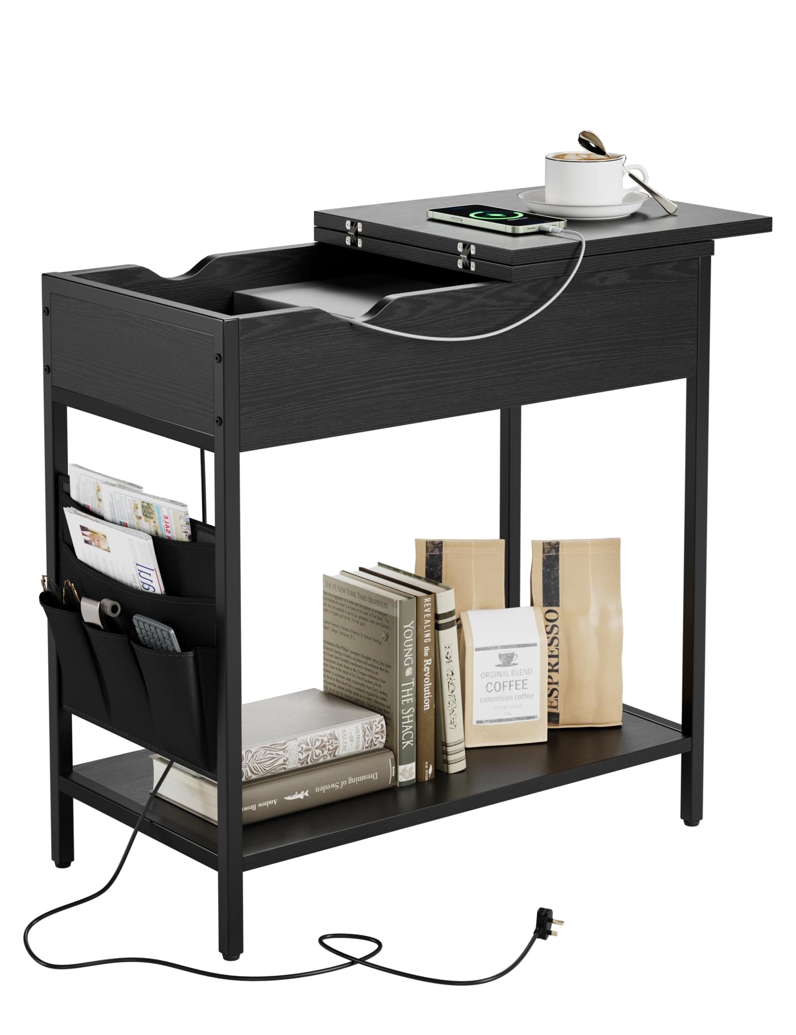 Nicehill Side Table with Charging Station, Narrow End Table with USB Ports, Outlets, Fabric Bags, Storage Shelf, Narrow Bedside Table for Small Rooms, Bedroom, Living Room, Classic Black