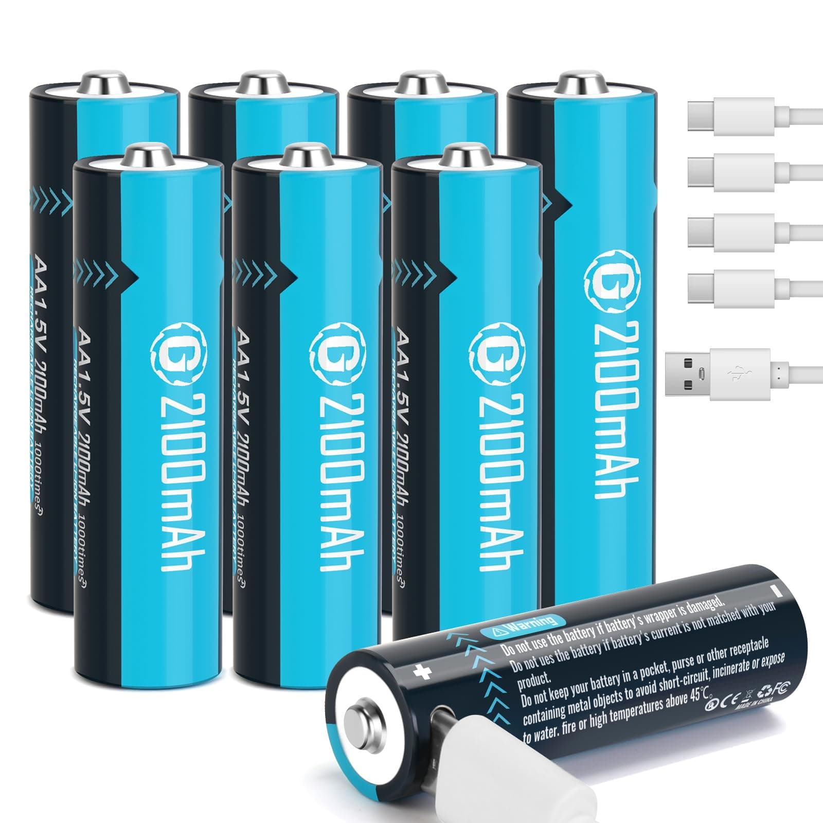 Rechargeable Lithium AA Batteries with USB-C Charging Cable, 8 Pack 1.5V 2100mAh (3150mWh) Li-ion Double A Size Battery for Blink Outdoor Camera, Xbox, Flashlights, Toys