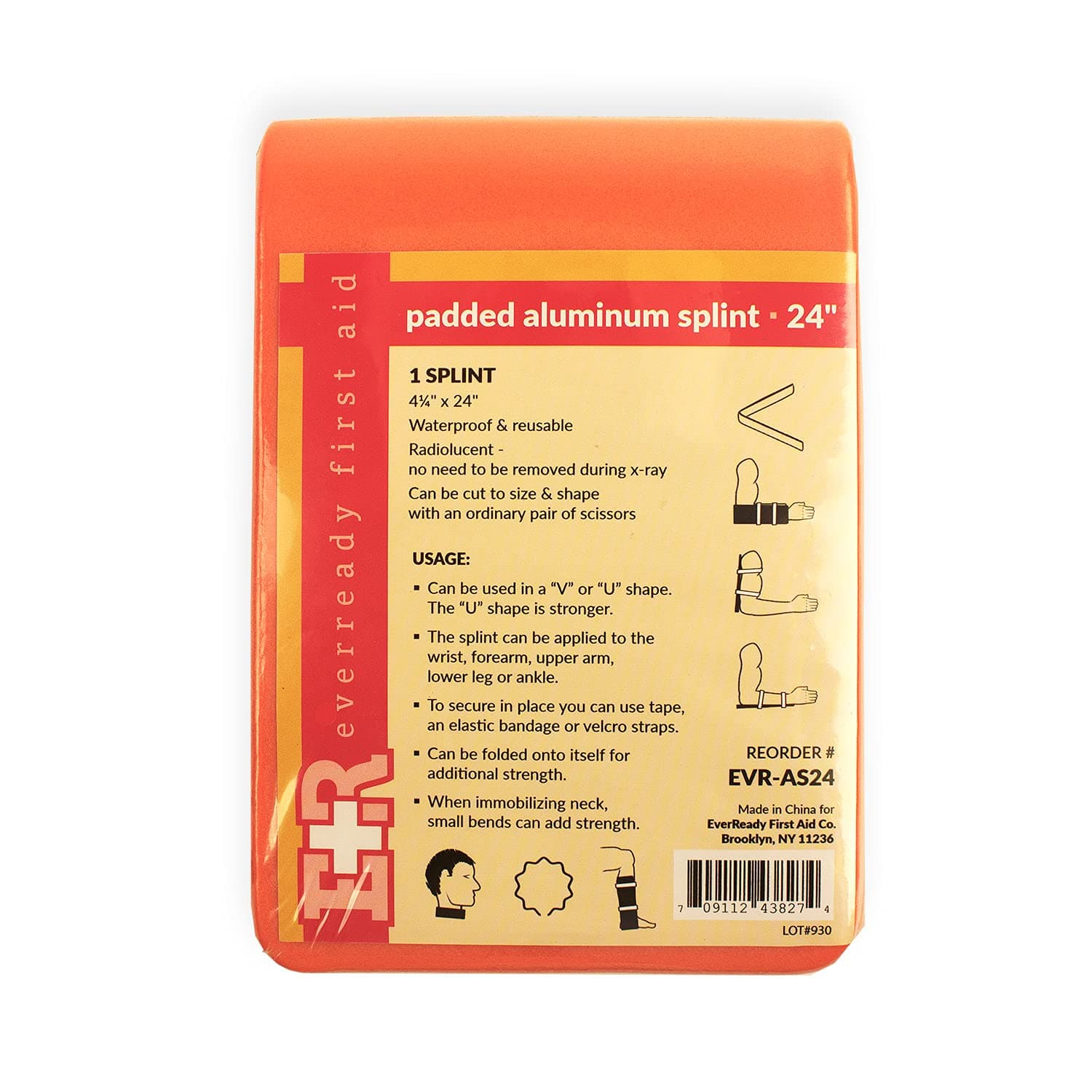 Ever Ready First Aid Padded Universal Aluminum Splint, 4.25” x 24”, Flat Folded, Waterproof