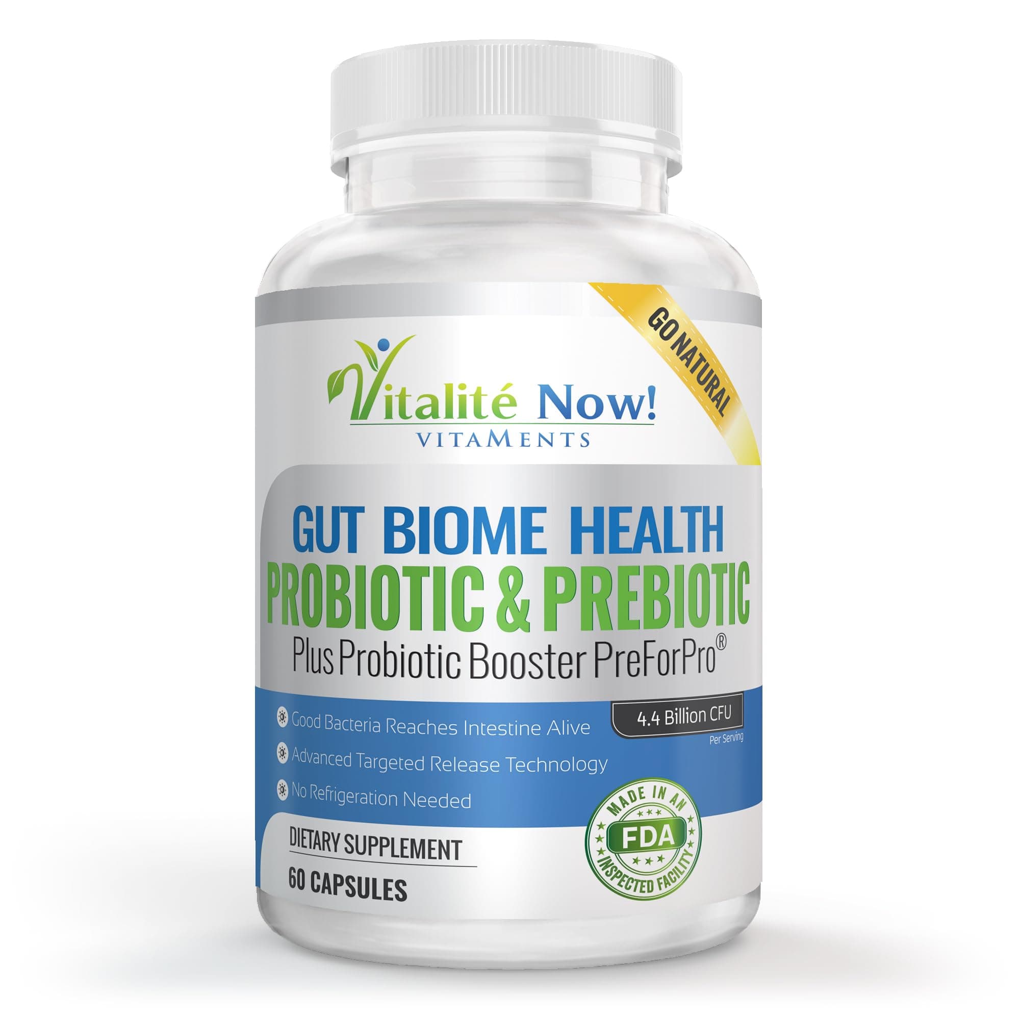 Premium Probiotic plus Ultimate Prebiotic - Gut Biome Builder & Restoration - 4.4 Bn CFU - Best for Women & Men - Bacteria Reaches Intestine within Hours - No Refrigeration - Bacillus Subtilis