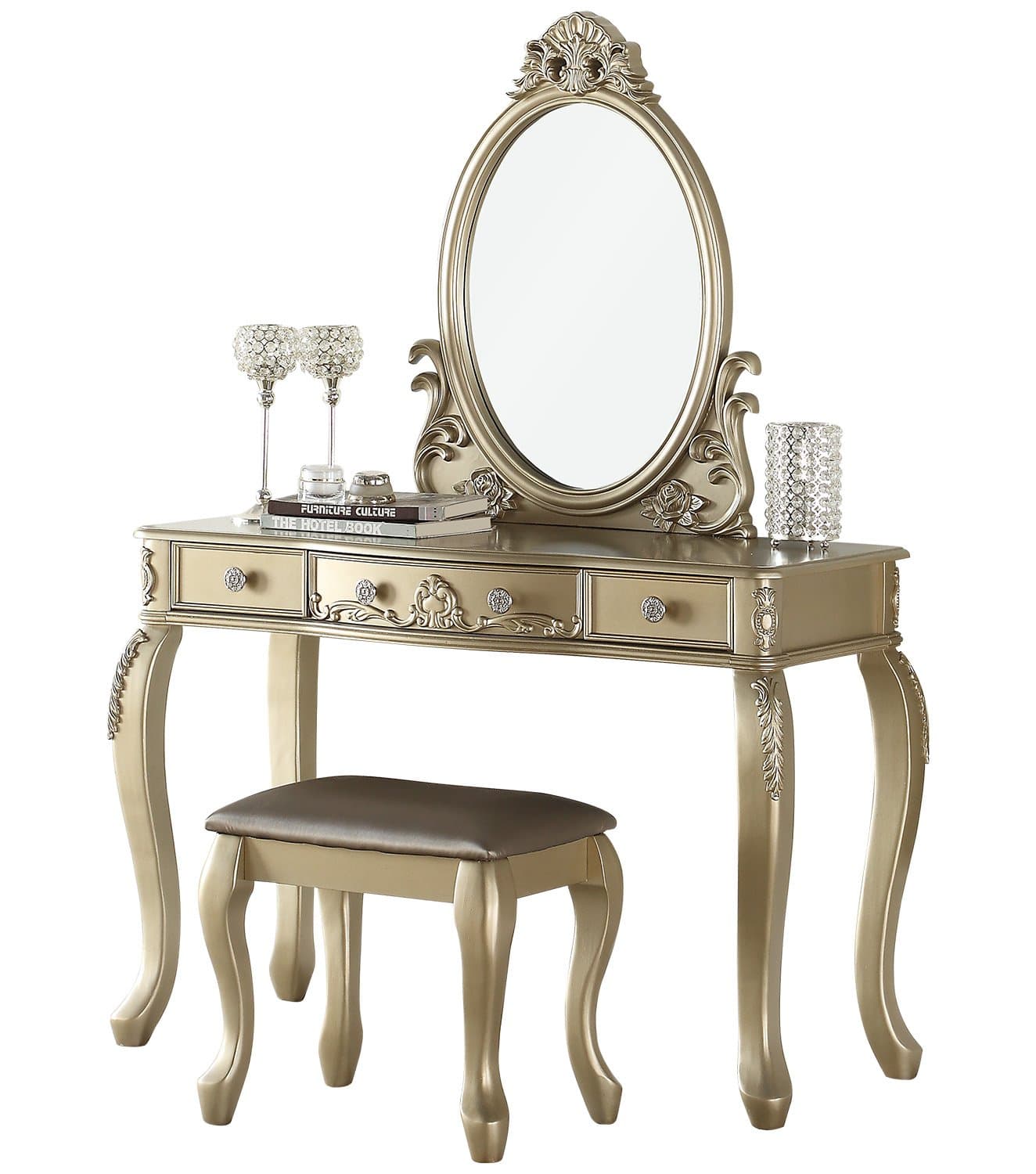 BOBKONA PDEX- Oval Shape Mirror Vanity Table With Stool Set, Champagne