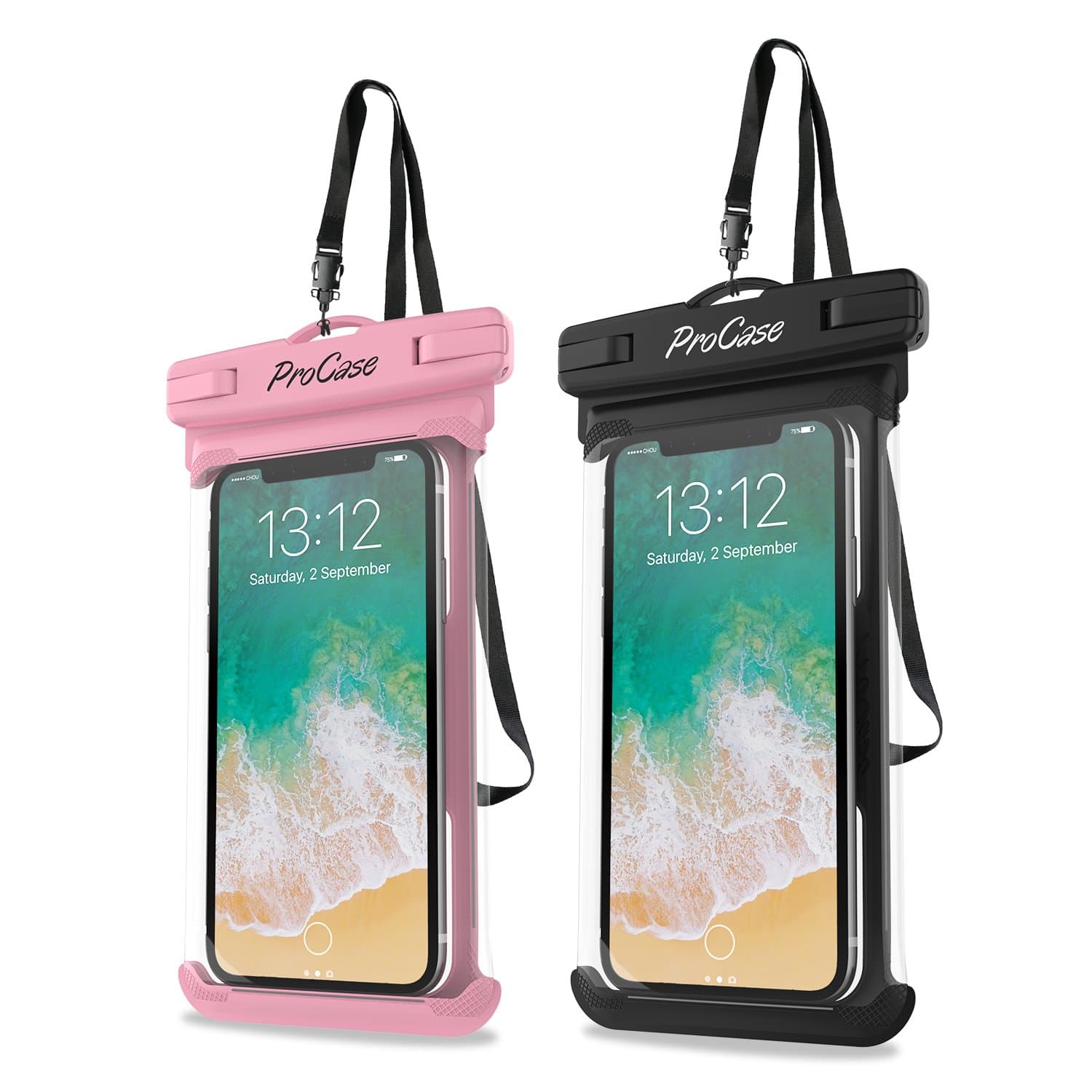 ProCase 2 Pack Waterproof Phone Pouch, Underwater Case phone sleeve for iPhone 17 Air 16 15 14 Plus Pro Max 13 12, Galaxy S24 Ultra S23 S22 Up to 7.0 inch, Cruise Beach Essentia -Pink/Black