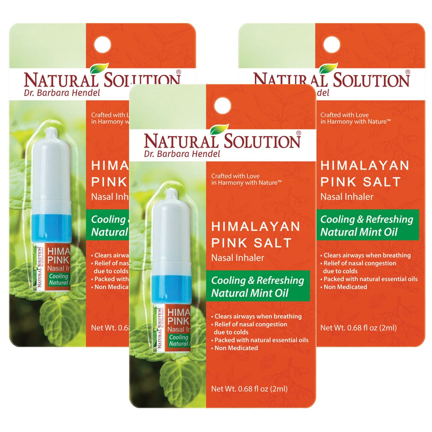 Natural Solution Himalayan Salt Inhaler, Help Clear Nose Congestion, Boost Focus and Improve Breathing with Refreshing Organic Mint Essential Oil, Aromatherapy– 0.68fl oz/Each, Pack of 3