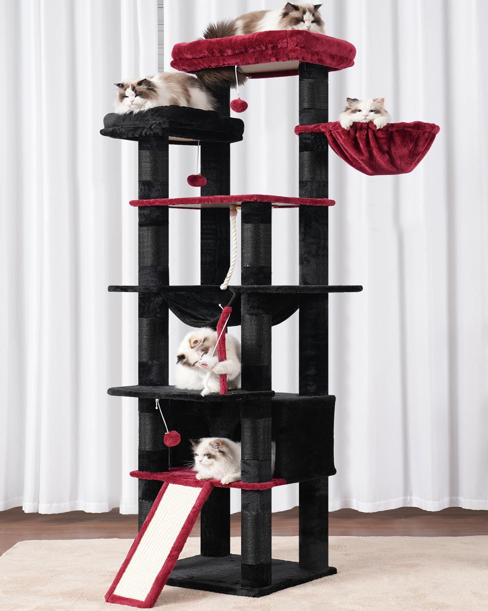 Heybly Tall Cat Tree,78 inch Multi-Level Cat Tower for Indoor Cats,2 Widened Plush Perches Cat Condo with Scratching Board and Big Caves,Black and Red HCT033BR