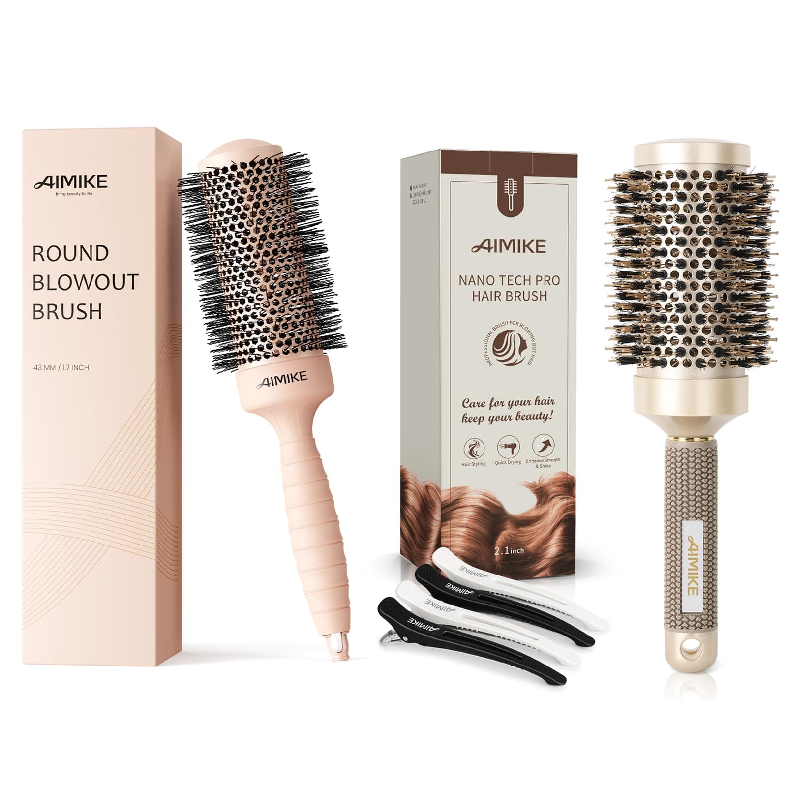 AIMIKERound Brush Set w/Nano Ion Thermal Ceramic Tech, Professional Blow Out & Styling Brush, Maximum Volume and Shine, Barrels 2.1' & 1.7'