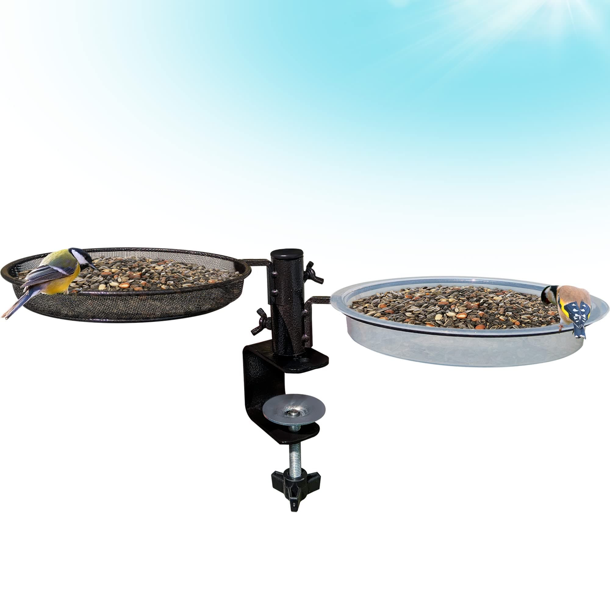 Gray Bunny Bird Feeder Tray and Bird Bath Set Deck Mounted with 360-degree Rotation, Adjustable Clamp, Removable Dish - Weather Proof
