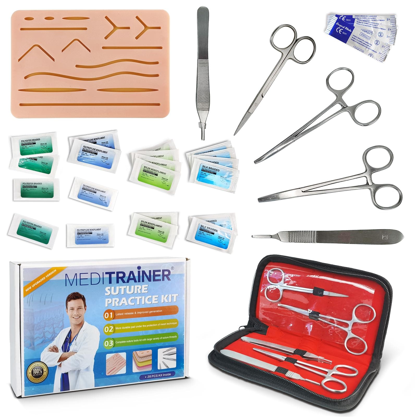 29 PCS Suture Practice Kit is Suitable for Suture Training of Medical Students and Veterinary Nursing Practice, Including Simulated Human Skin Wound Suture Pads and Suture Tools