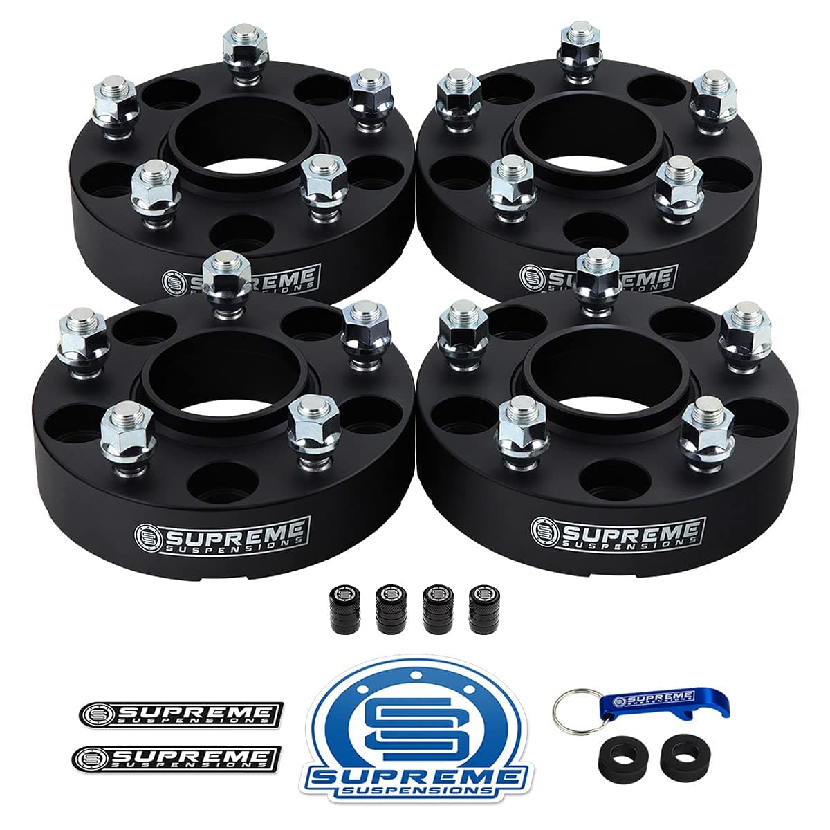 Supreme Suspensions - 4pc Set [Black] 2" Hub Centric Wheel Spacers for Jeep Wrangler JK, Commander, Grand Cherokee WJ WK [BP: 5x5 / CB: 71.5mm / Studs: 1/2" x20] - 4 Tire Valve Caps Included