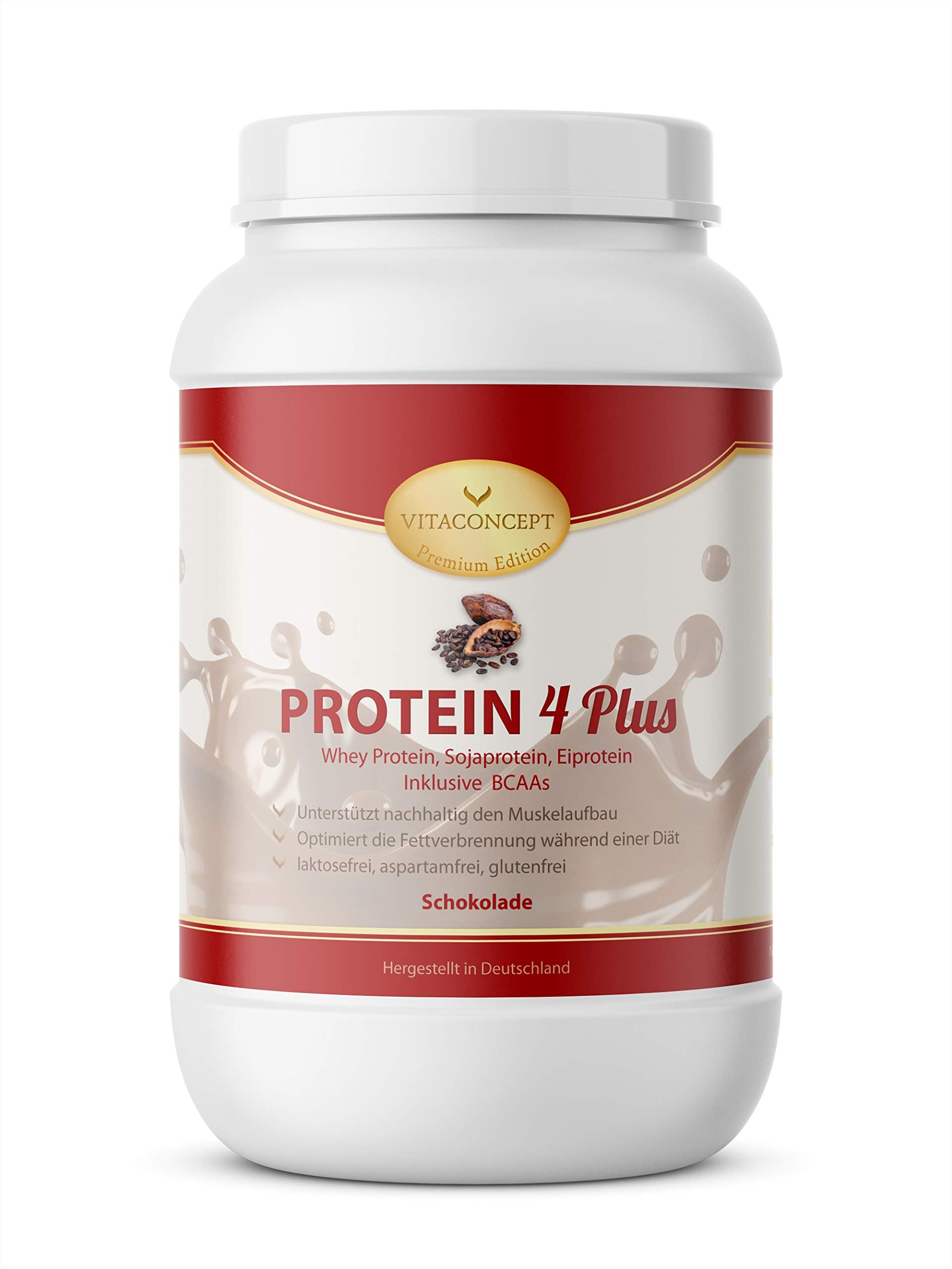 Vitaconcept Protein 4 Plus Chocolate - 3 Protein Components - No Lactose/Aspartame/Gluten - Made in Germany - 1000g