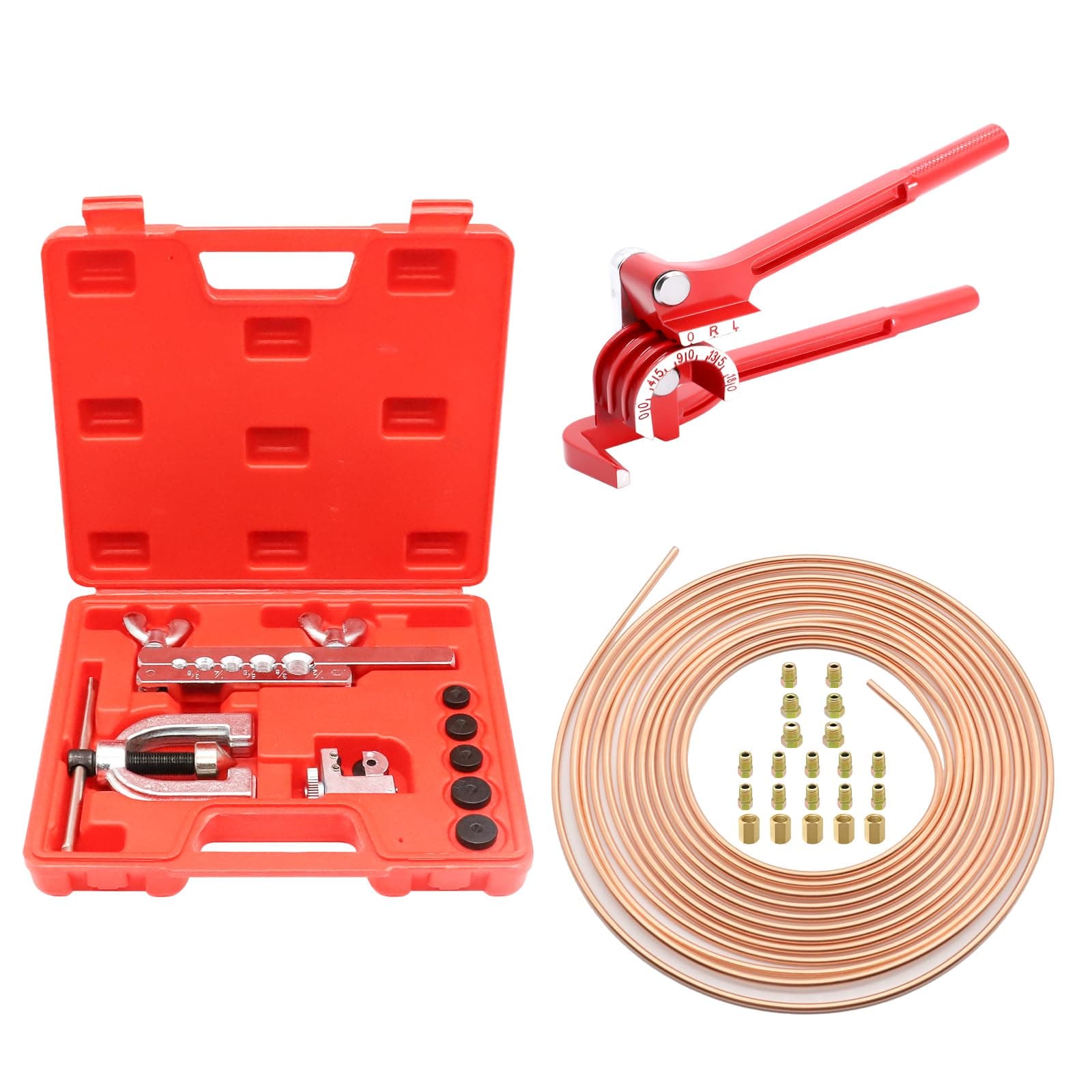 RUIZHI Brake Pipe Flaring Tool, Brake Pipe Tool Kit with 16 Joints + 5 Connectors, Tubing Bender, 7.62m Ø4.75mm Brake Line for Vehicle Hydraulic Brake Systems, Air Conditioning Systems