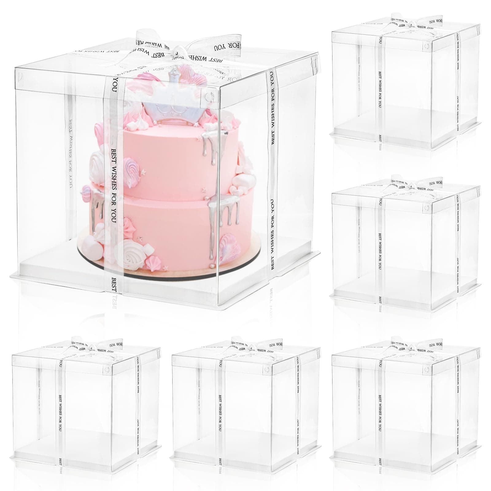 Cididu 6 Pcs Clear Cake Box with Ribbon 2-Layer 10x10x10 Inch, Transparent Cake Carrier Box with Lids, PET Tall Cake Packaging Boxes, Clear Gift Boxes for Mother's Day Birthday Wedding Festival Party