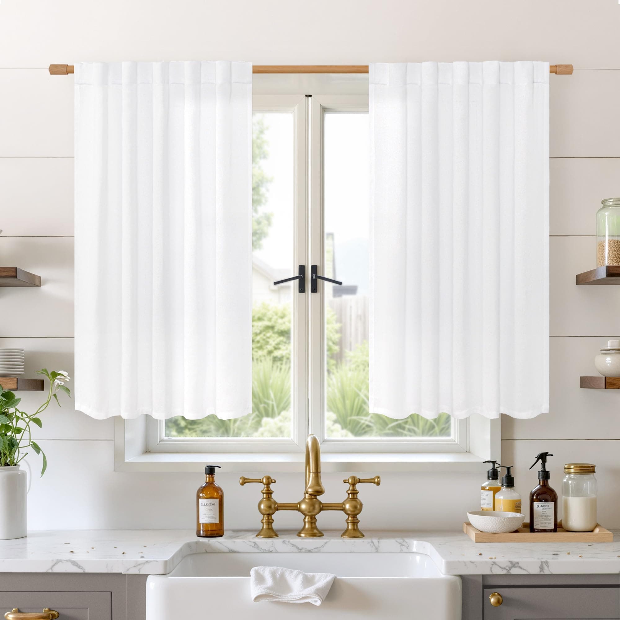 BGment White Linen Kitchen Curtains 40 Inch Length for Short Windows, Semi Sheer Drapes Light Filtering with Rod Pocket and Back Tab for Bathroom Over Sink, 2 Panels Set, 42 X 40 Inch